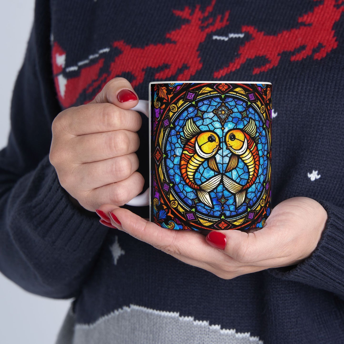 Ceramic Mug, (11oz, 15oz), Ceramic Coffee Mug, AOP, Glass Design, Pisces Zodiac Sign