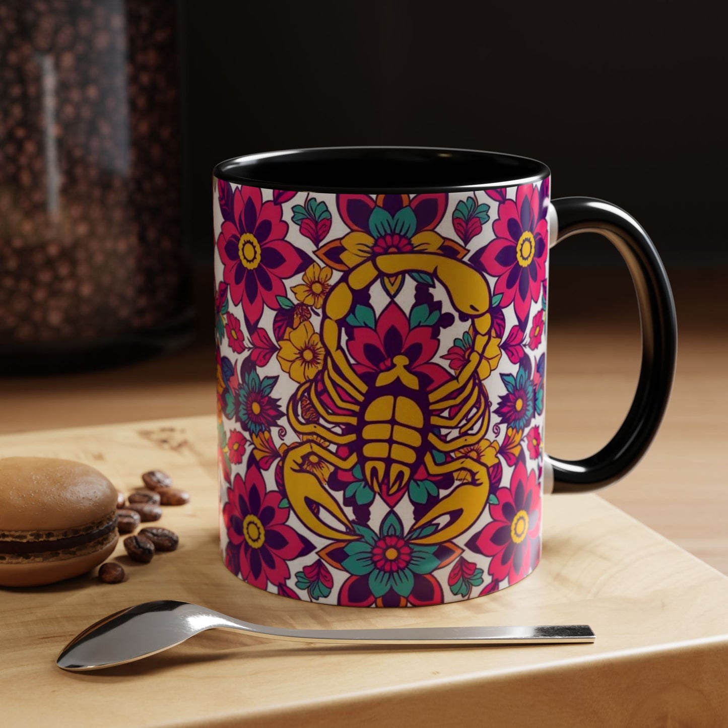 Accent Coffee Mug, Scorpio, Zodiac v2. Flower Pattern, (11, 15oz)