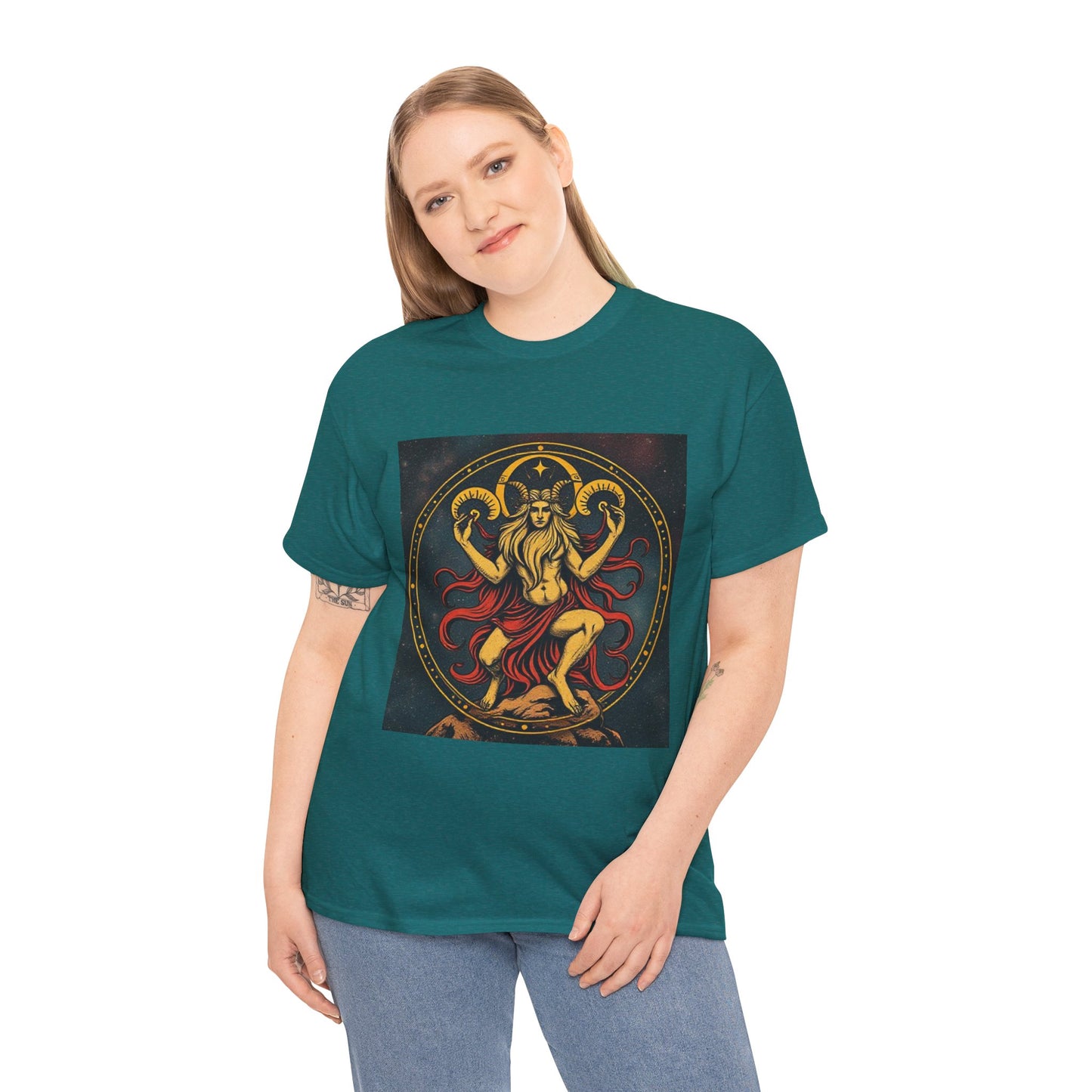 Unisex Heavy Cotton T-Shirt, Aries God 3v, Zodiac Design