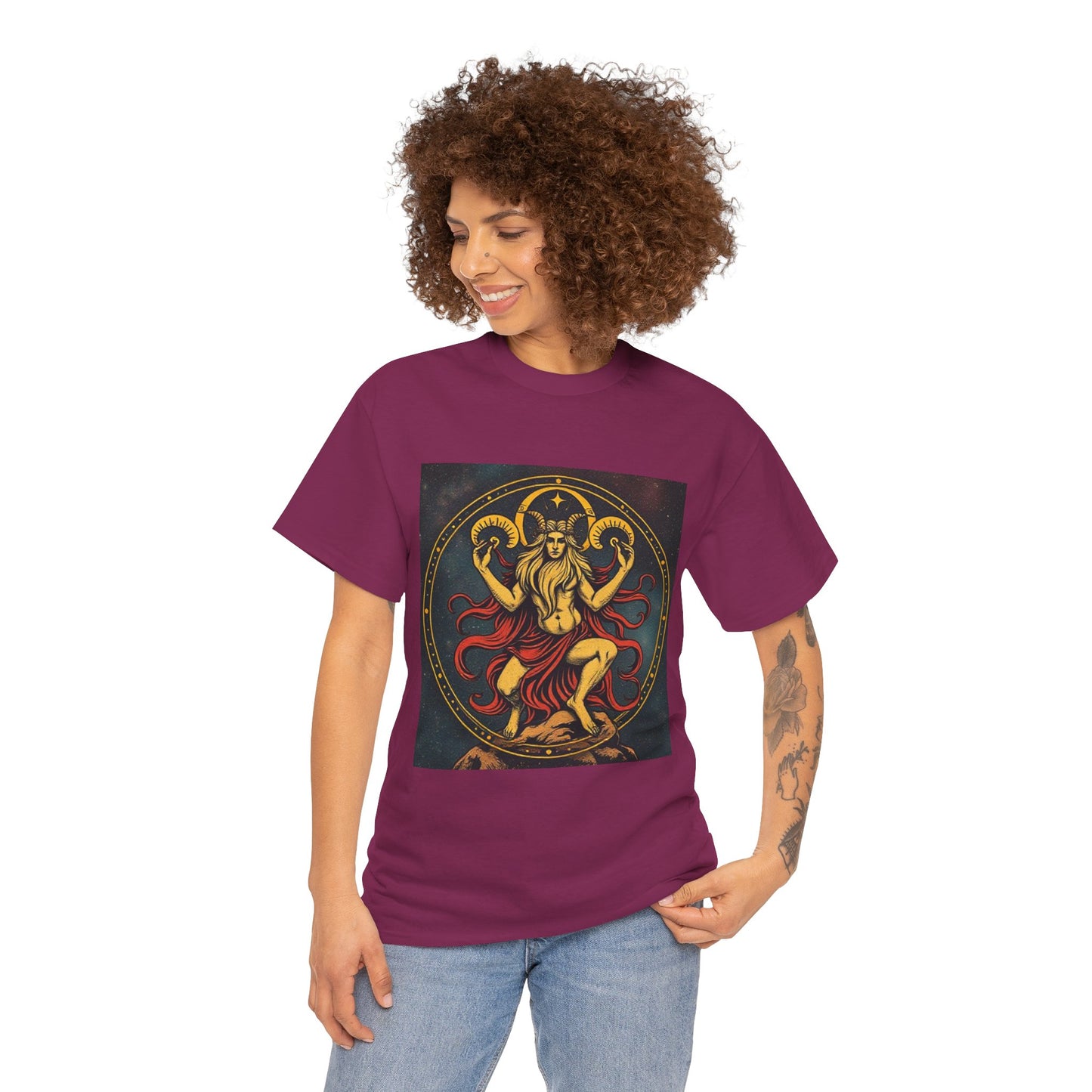 Unisex Heavy Cotton T-Shirt, Aries God 3v, Zodiac Design