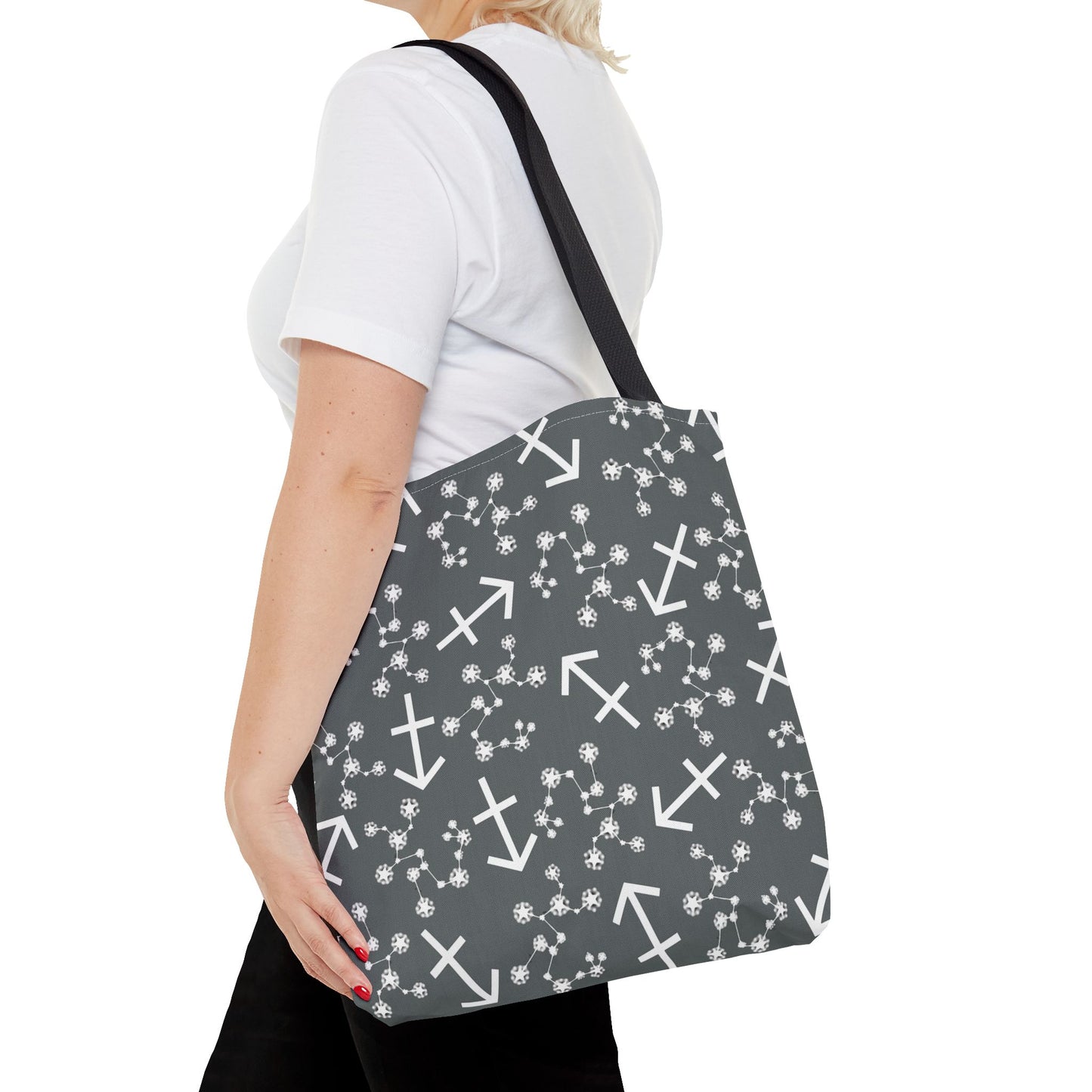 Tote Bag, Sagittarius Zodiac Sign, AOP, (Grey, White Print)