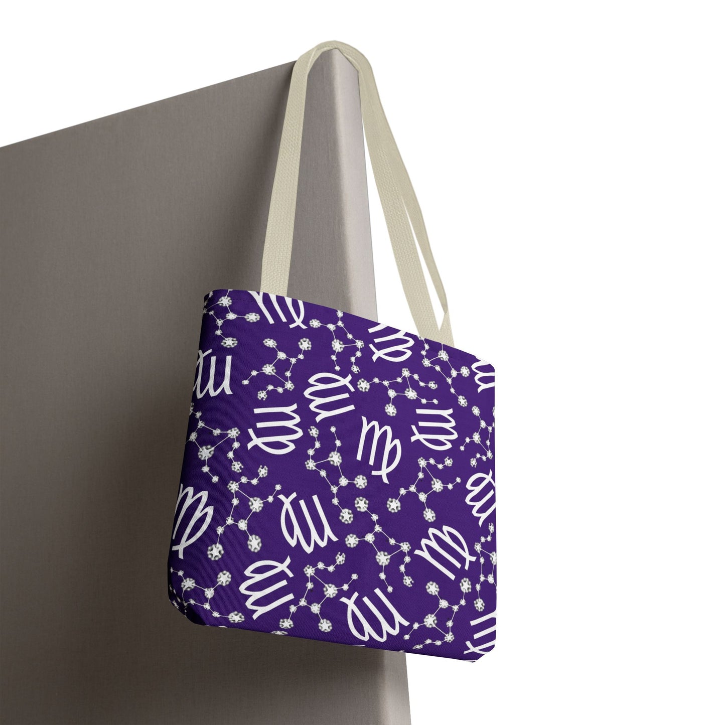 Tote Bag, Virgo Zodiac Sign, AOP, (Purple, White)