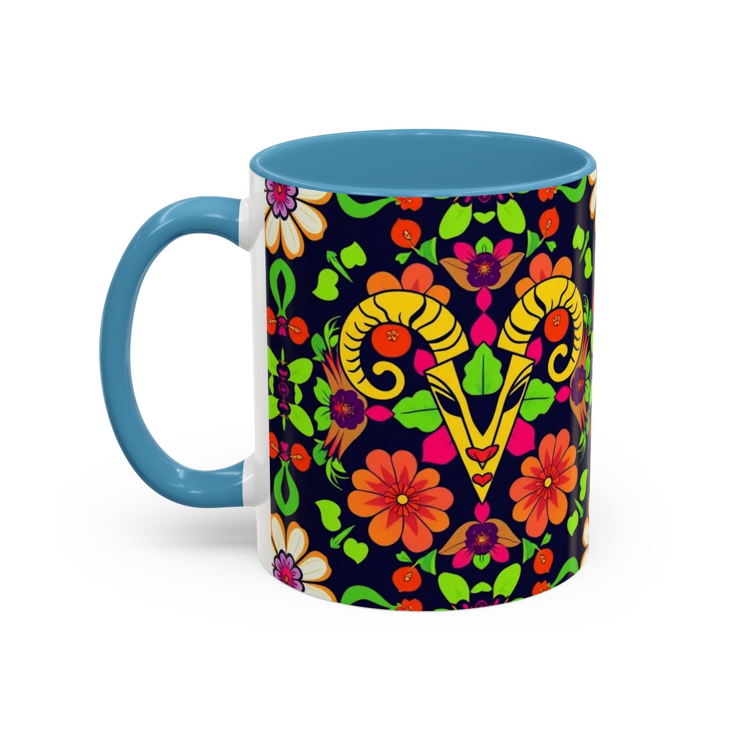 Accent Coffee Mug, Aries, Zodiac v2, Flower Pattern, (11, 15oz)