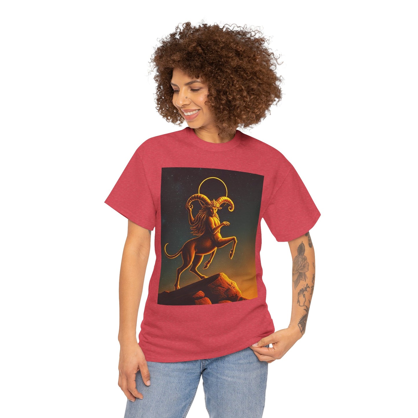 Unisex Heavy Cotton T-Shirt, Mountain Top, Aries Zodiac Design