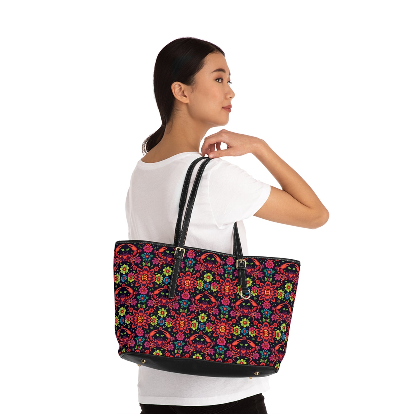 Leather Shoulder Bag, Cancer, Zodiac v1, Flower Pattern
