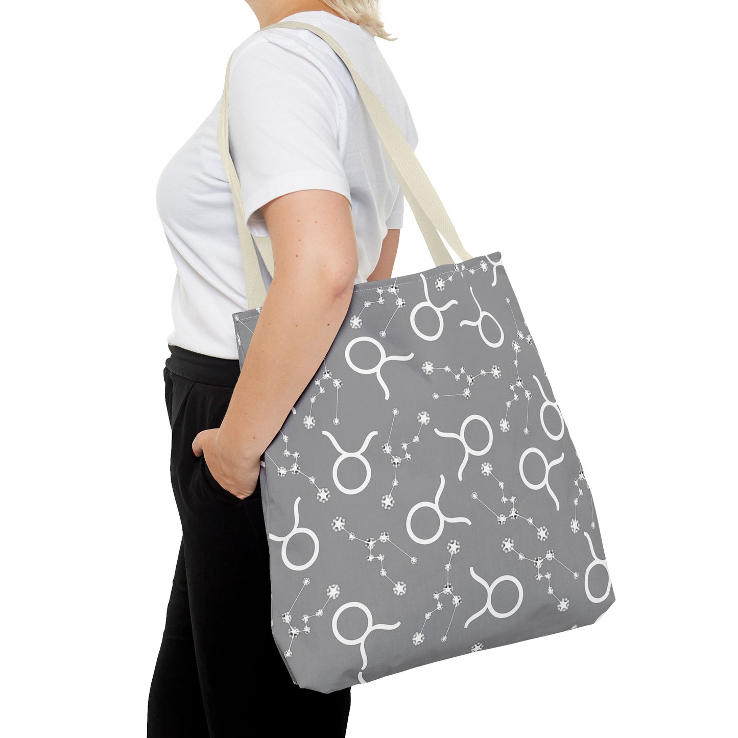 Tote Bag, Taurus Zodiac Sign, AOP, (Grey, White)