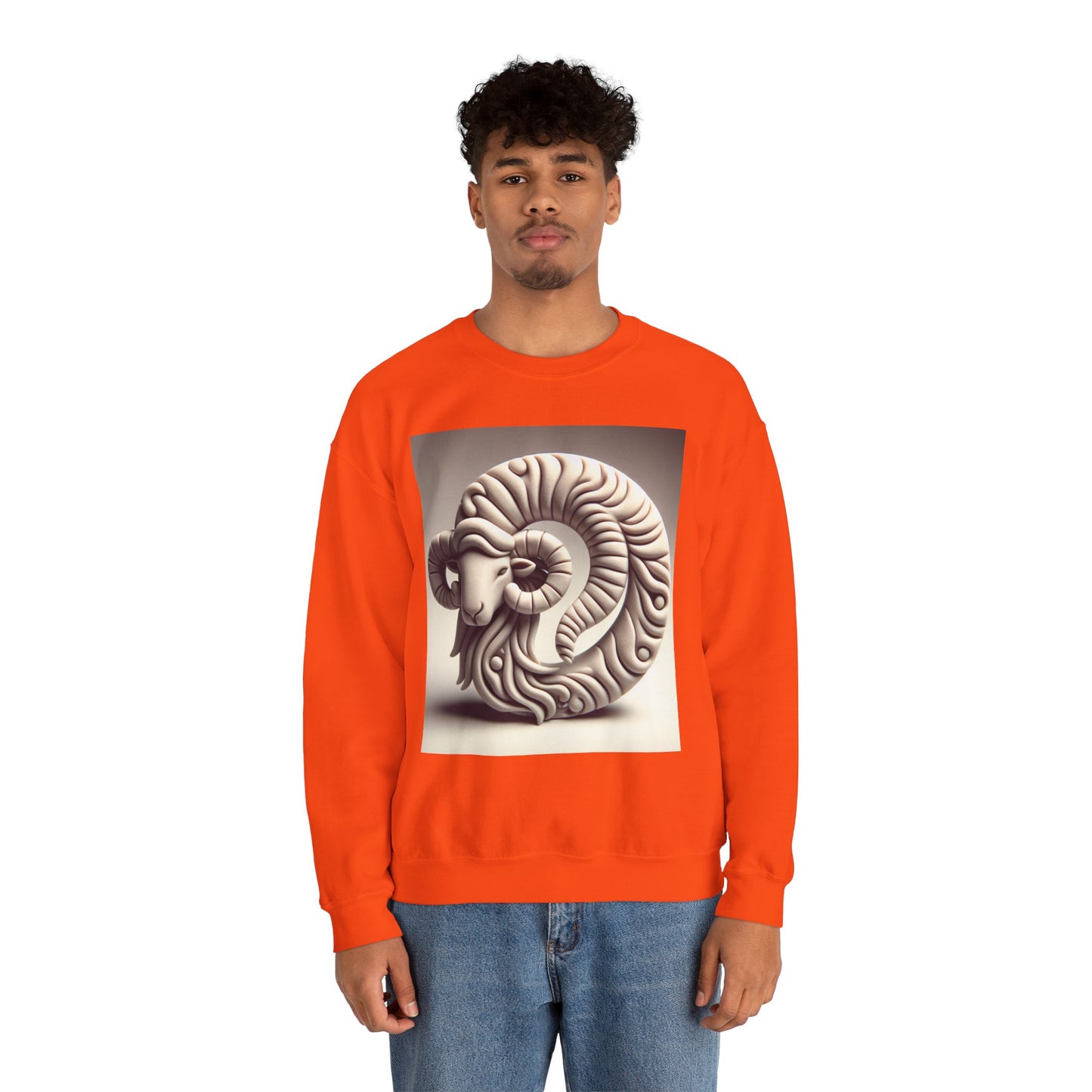 Unisex Heavy Blend™ Crewneck Sweatshirt, Round Statue, Aries Zodiac Design