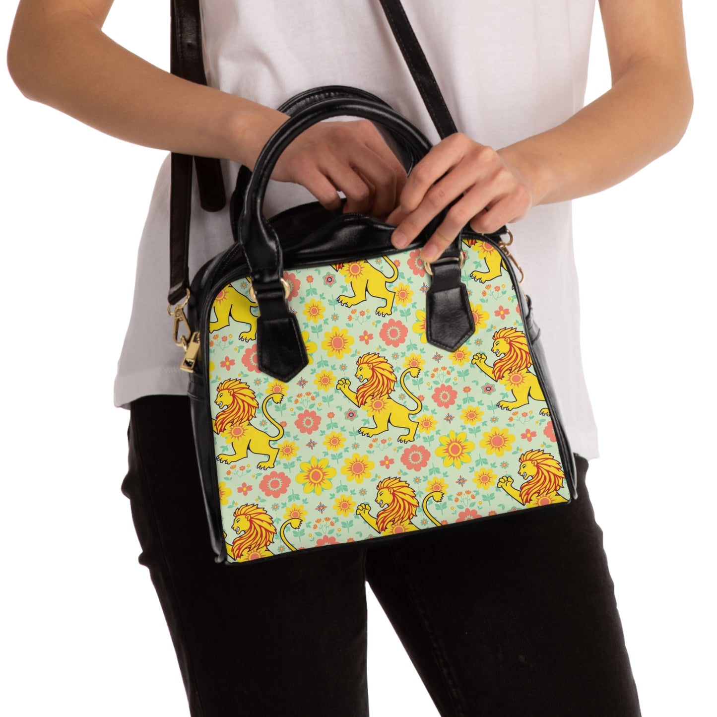 Shoulder Handbag, Leo, Zodiac v1, Flower Pattern