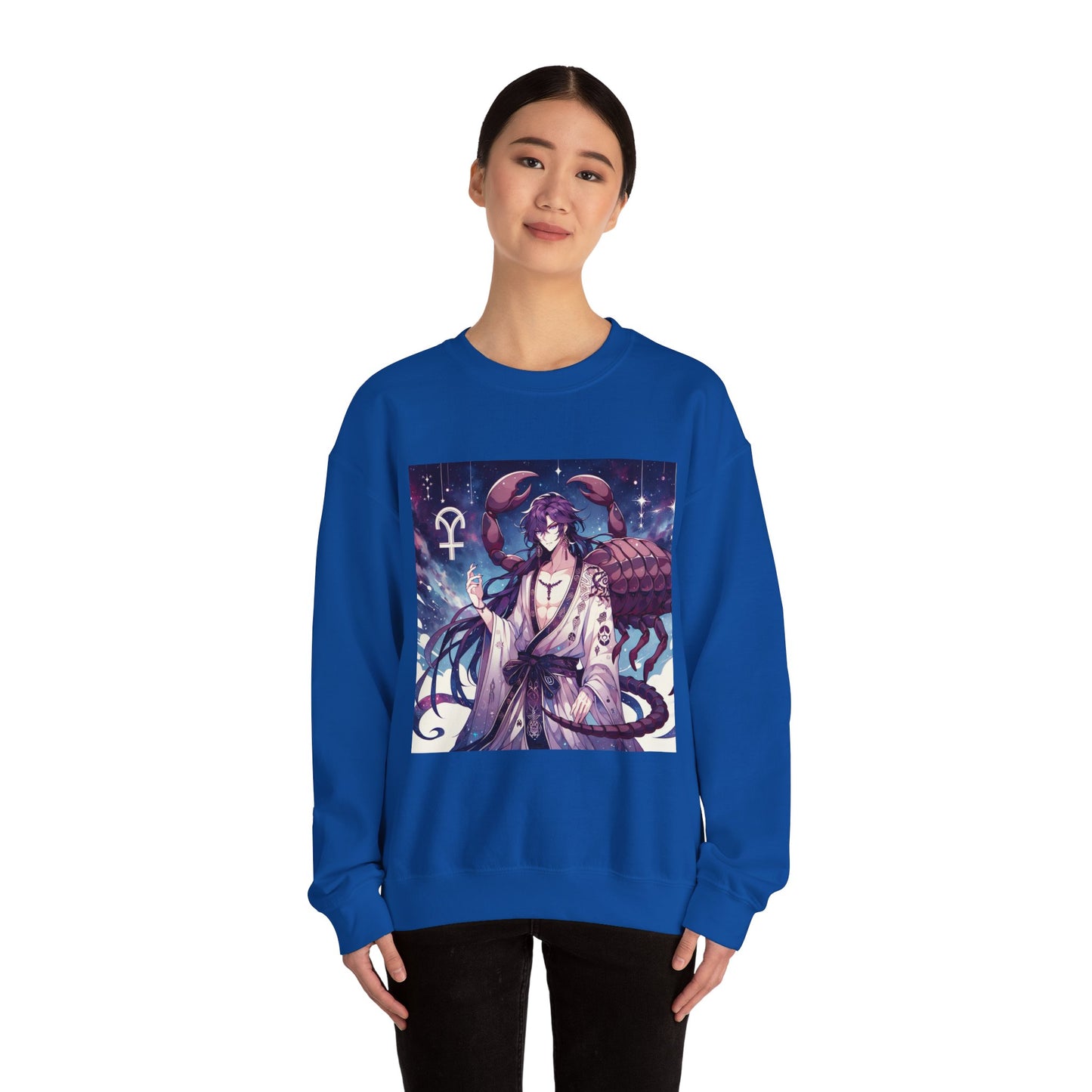 Unisex Heavy Blend™ Crewneck Sweatshirt, Scorpio Zodiac Design, purple scorpion anime