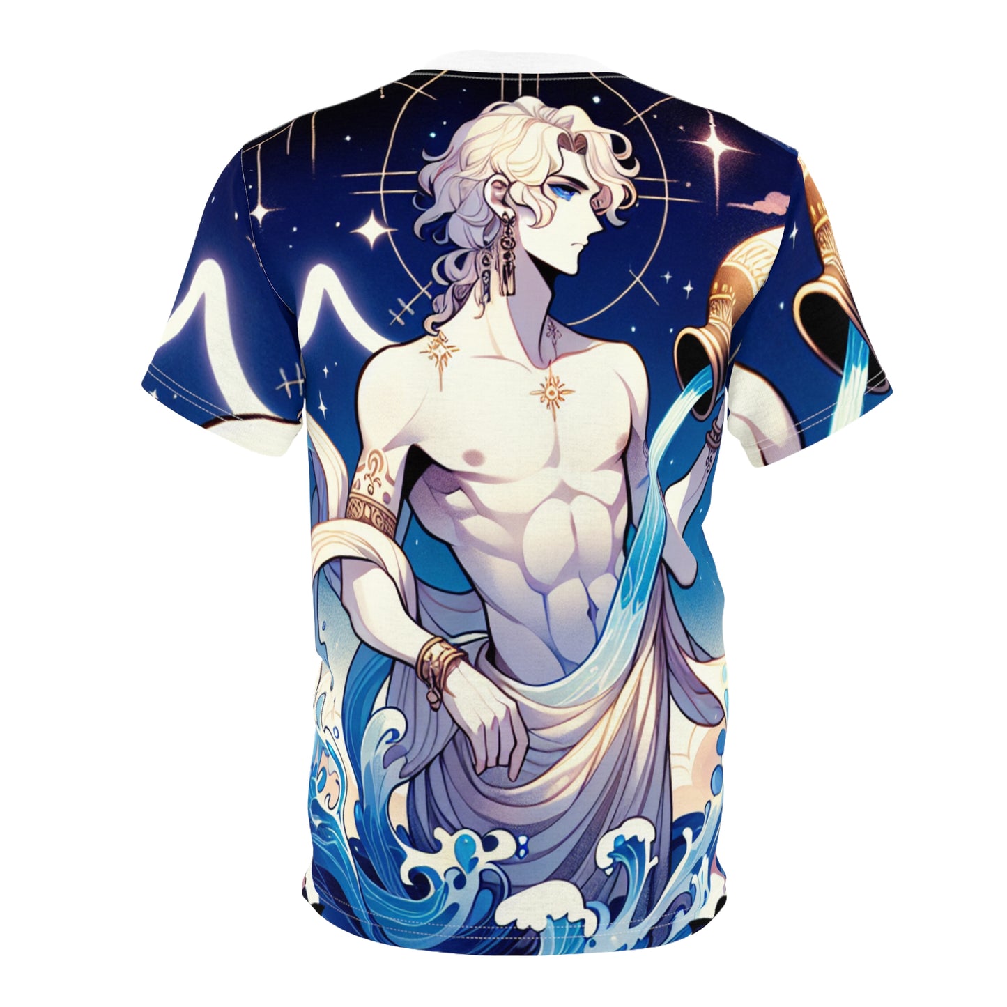 Unisex Cut & Sew T-Shirt (AOP), Anime Character, Aquarius Zodiac Design, Regular fit, 100% Polyester