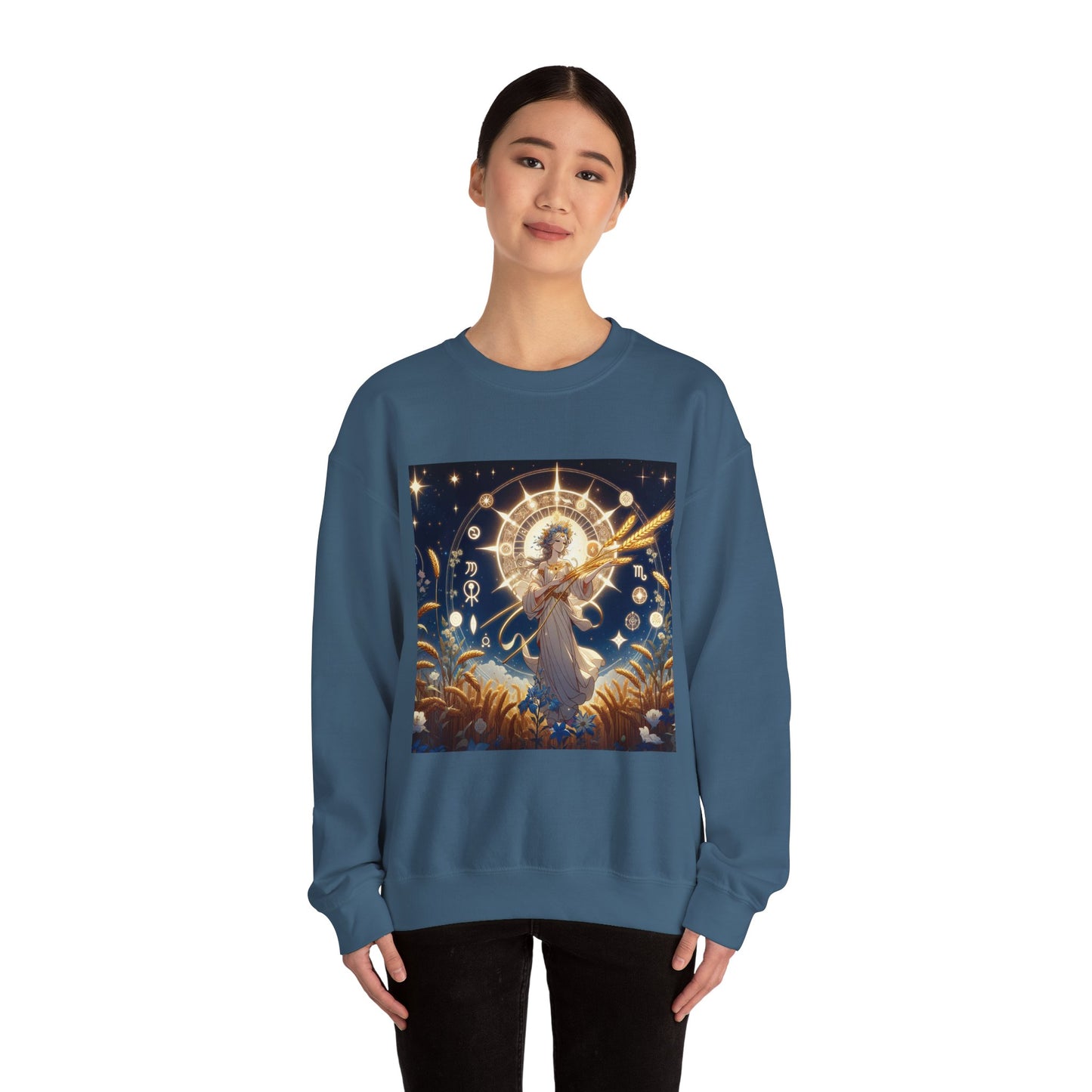 Unisex Heavy Blend™ Crewneck Sweatshirt, anime girl in wheat field, Virgo Zodiac Design