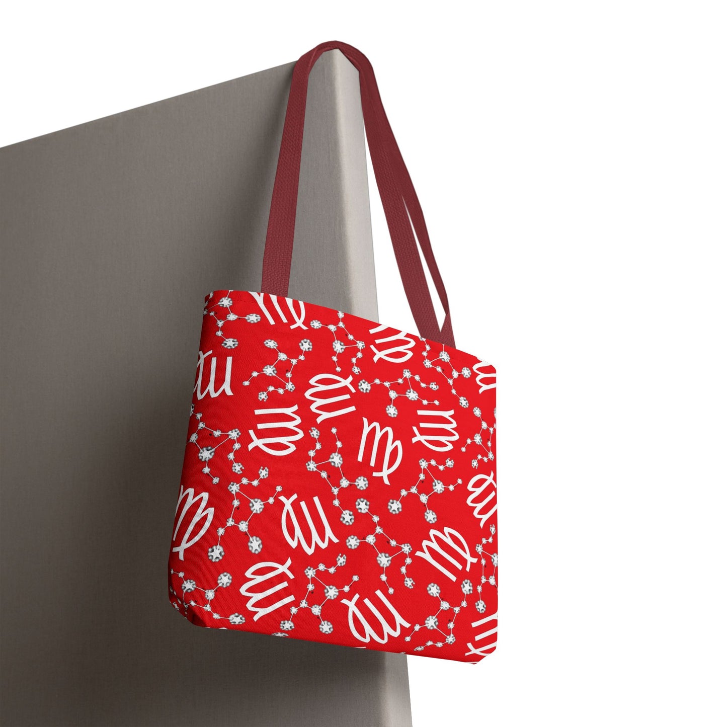 Tote Bag, Virgo Zodiac Sign, AOP, (Red, White)