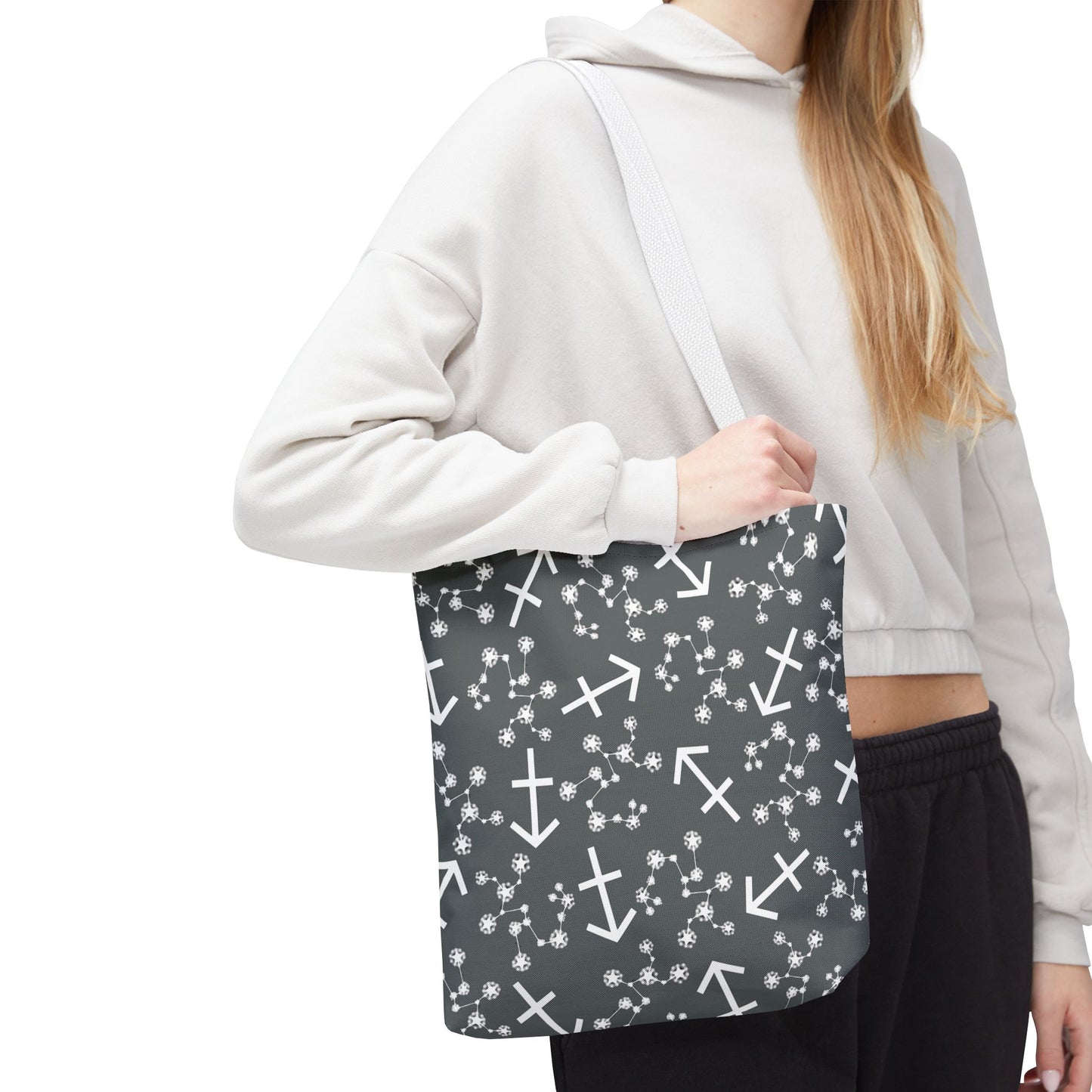 Tote Bag, Sagittarius Zodiac Sign, AOP, (Grey, White Print)