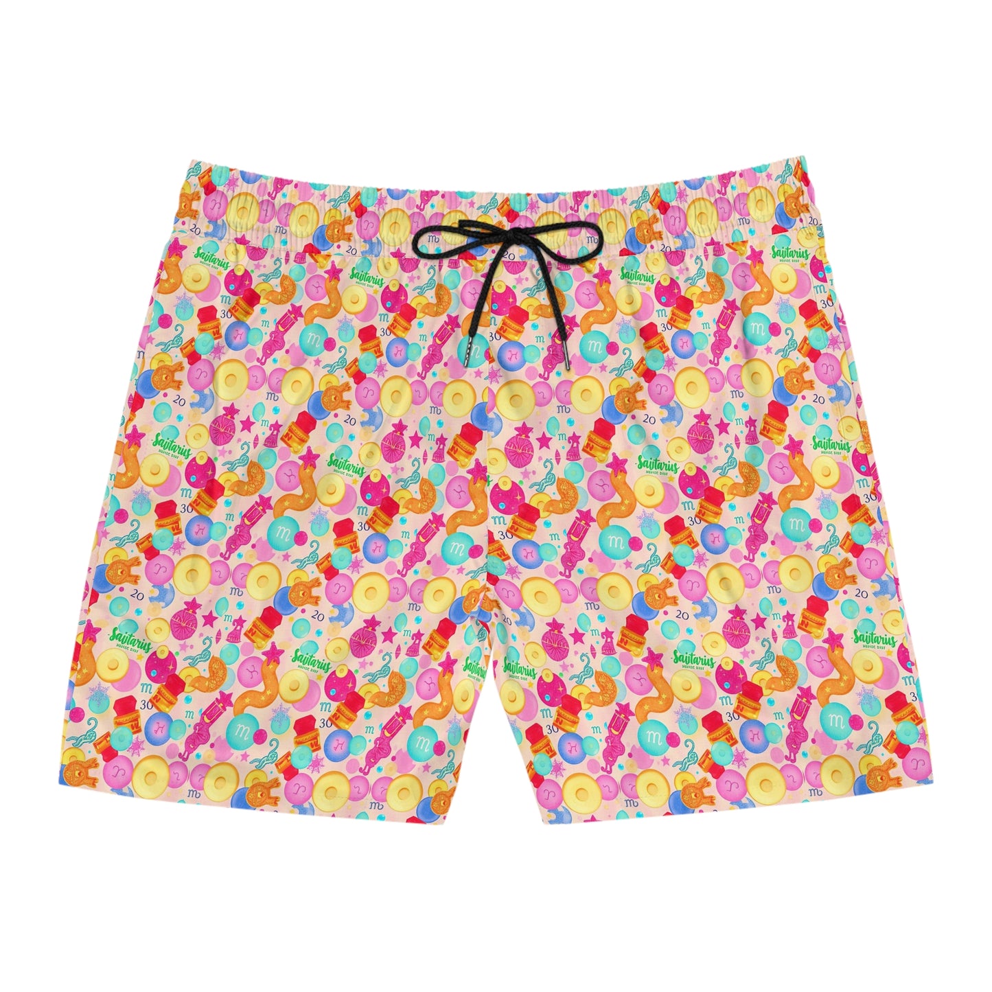 Men's Mid-Length Swim Shorts, (AOP), Sagittarius, Zodiac v1, Bubble Pattern