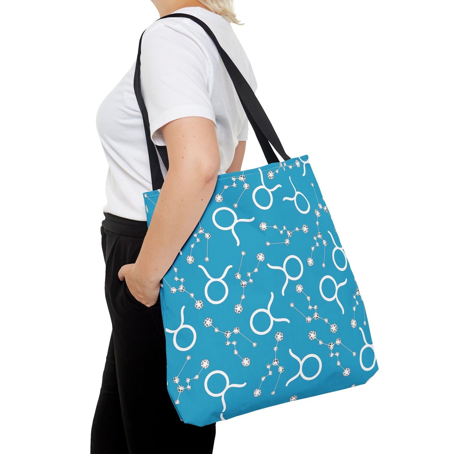 Tote Bag, Taurus Zodiac Sign, AOP, (Turquoise, White)