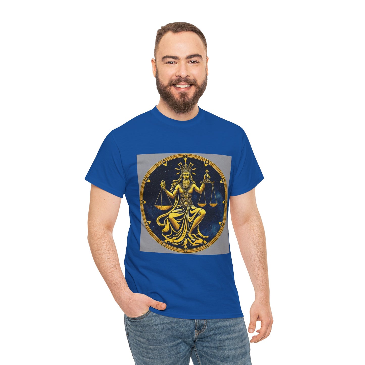 Unisex Heavy Cotton T-Shirt, Gold v1, Libra God, Zodiac Design