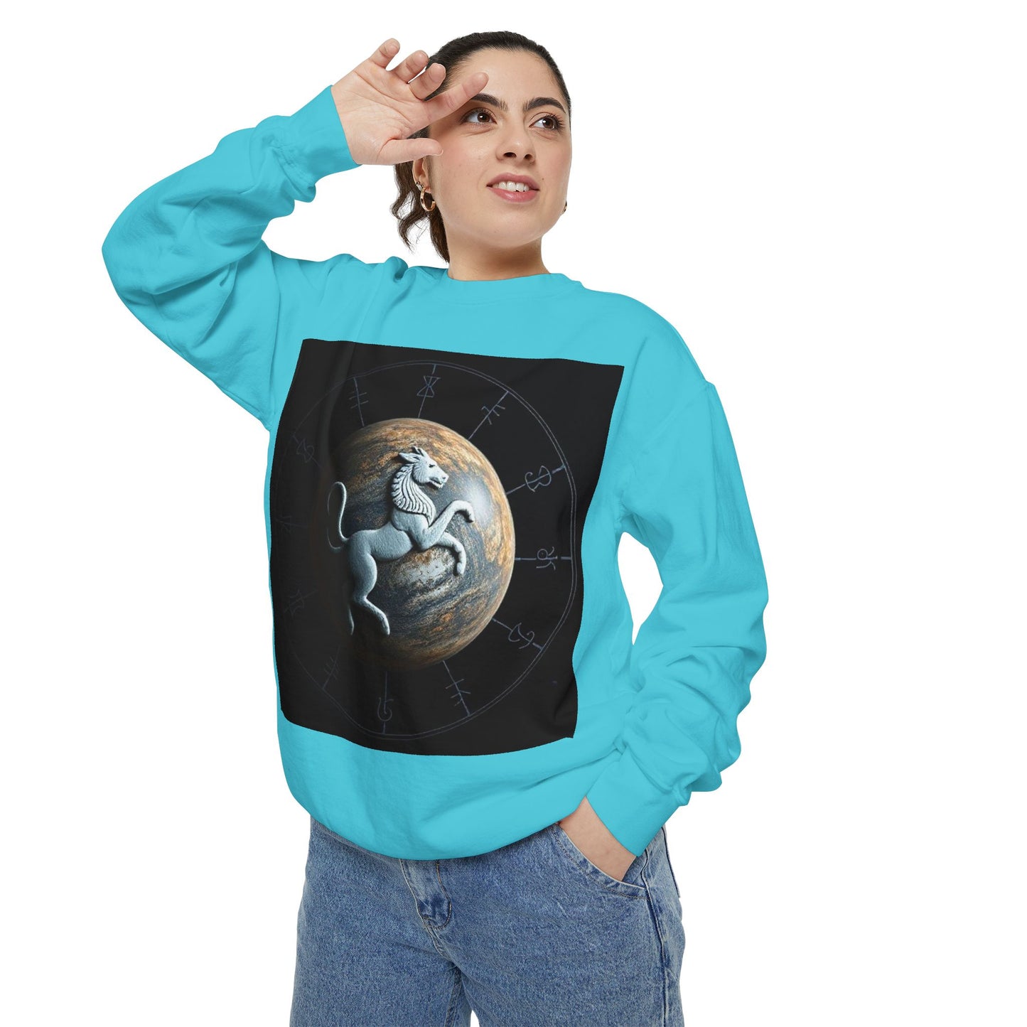 Garment-Dyed Sweatshirt, Unisex, Space Animal Design, Aquarius