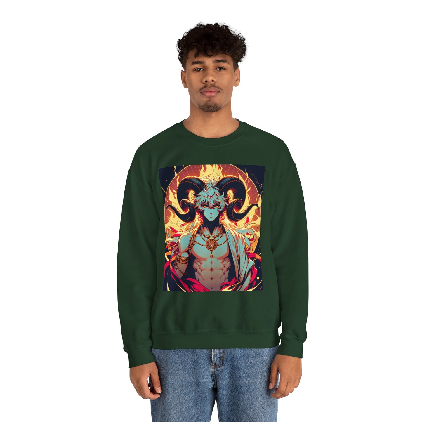Unisex Heavy Blend™ Crewneck Sweatshirt, Anime Fire Aries, Zodiac Design