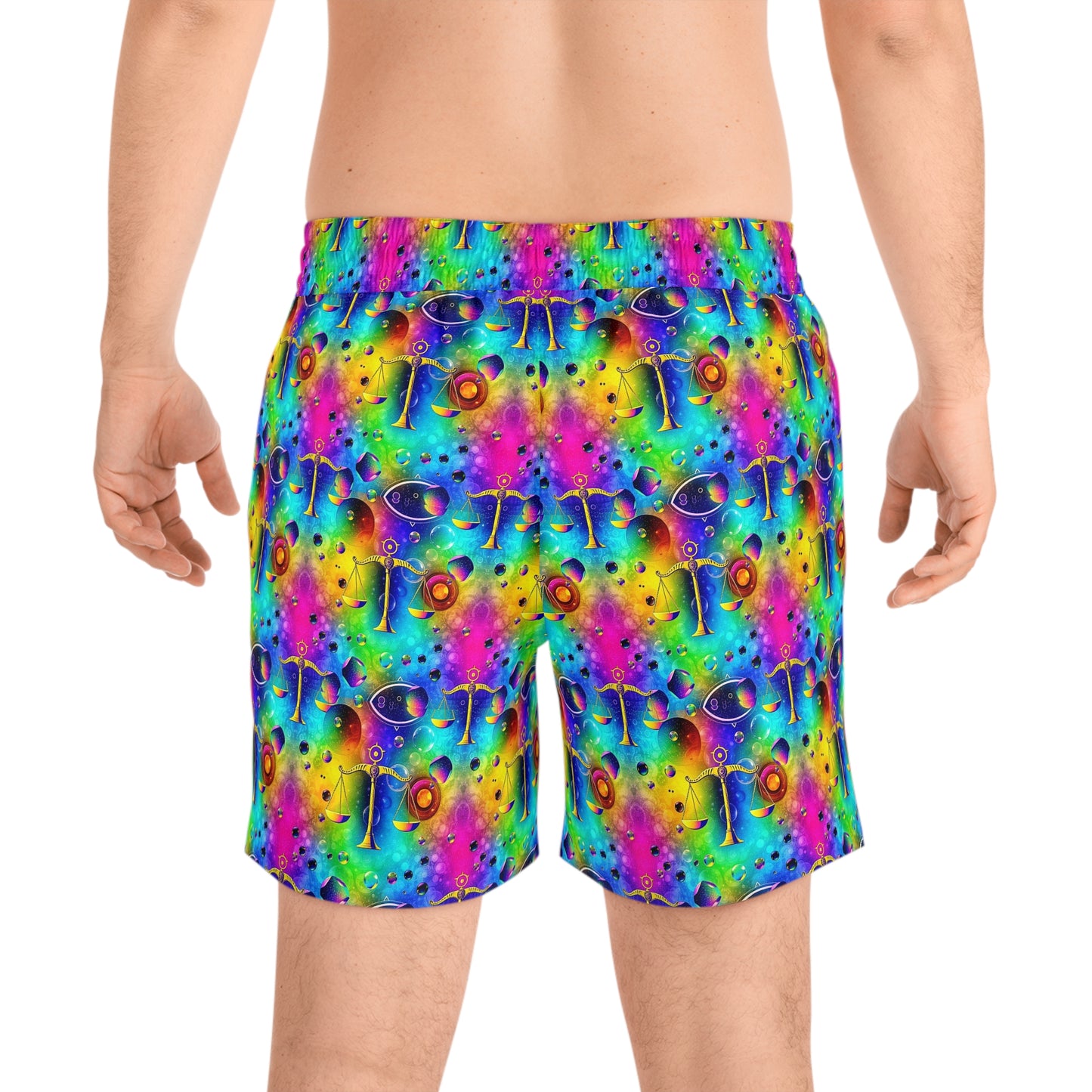 Men's Mid-Length Swim Shorts, (AOP), Libra, Zodiac v4, Bubble Pattern