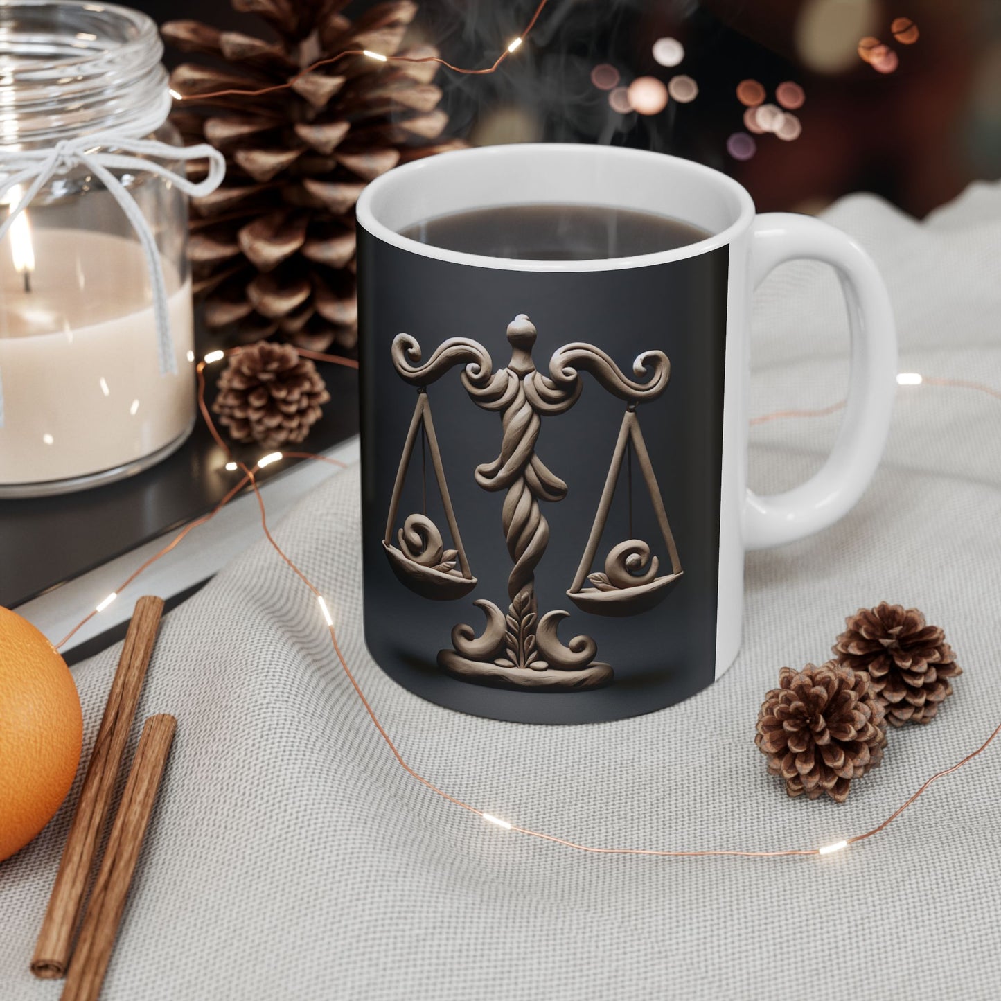 Ceramic Mug, (11oz, 15oz), Ceramic Coffee Mug, Swirly Scale, Libra Zodiac Design