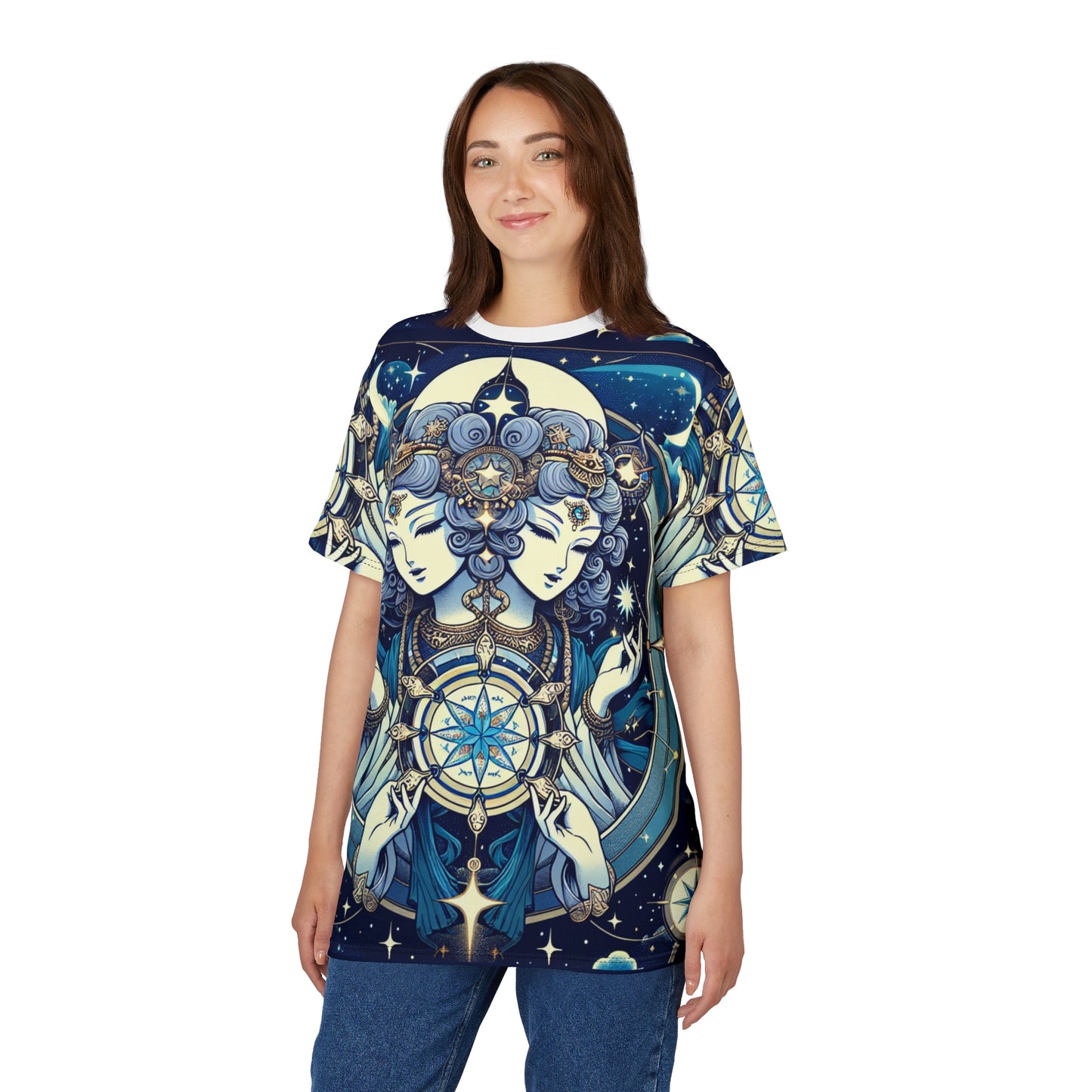 Unisex Cut & Sew T-Shirt (AOP), Twin Heads, Gemini Zodiac Design, Regular fit, 100% Polyester