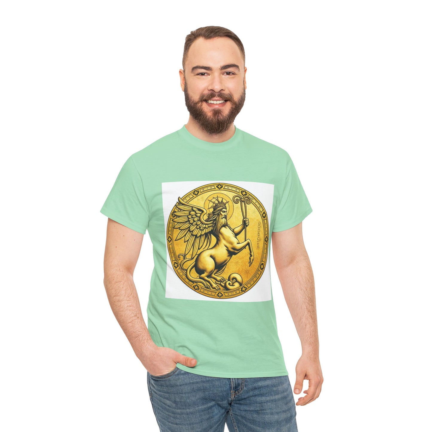 Unisex Heavy Cotton T-Shirt, Golden Angel Coin v1, Virgo Zodiac Design