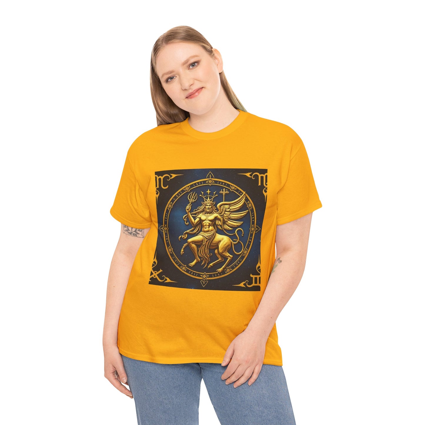 Unisex Heavy Cotton T-Shirt, Gold Angel, Symbol, Virgo Zodiac Design