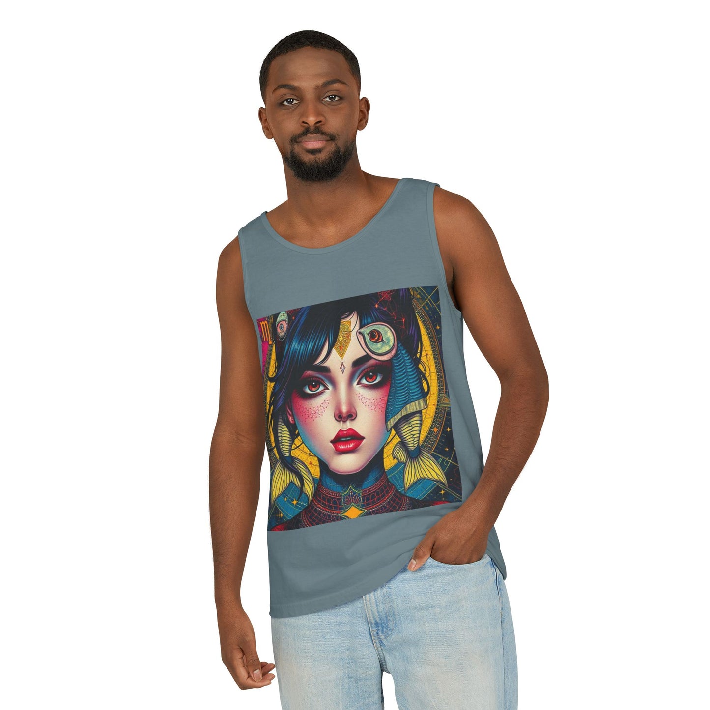 Unisex Garment-Dyed, Tank Top, Pisces Design, Pop Art, 100% US cotton