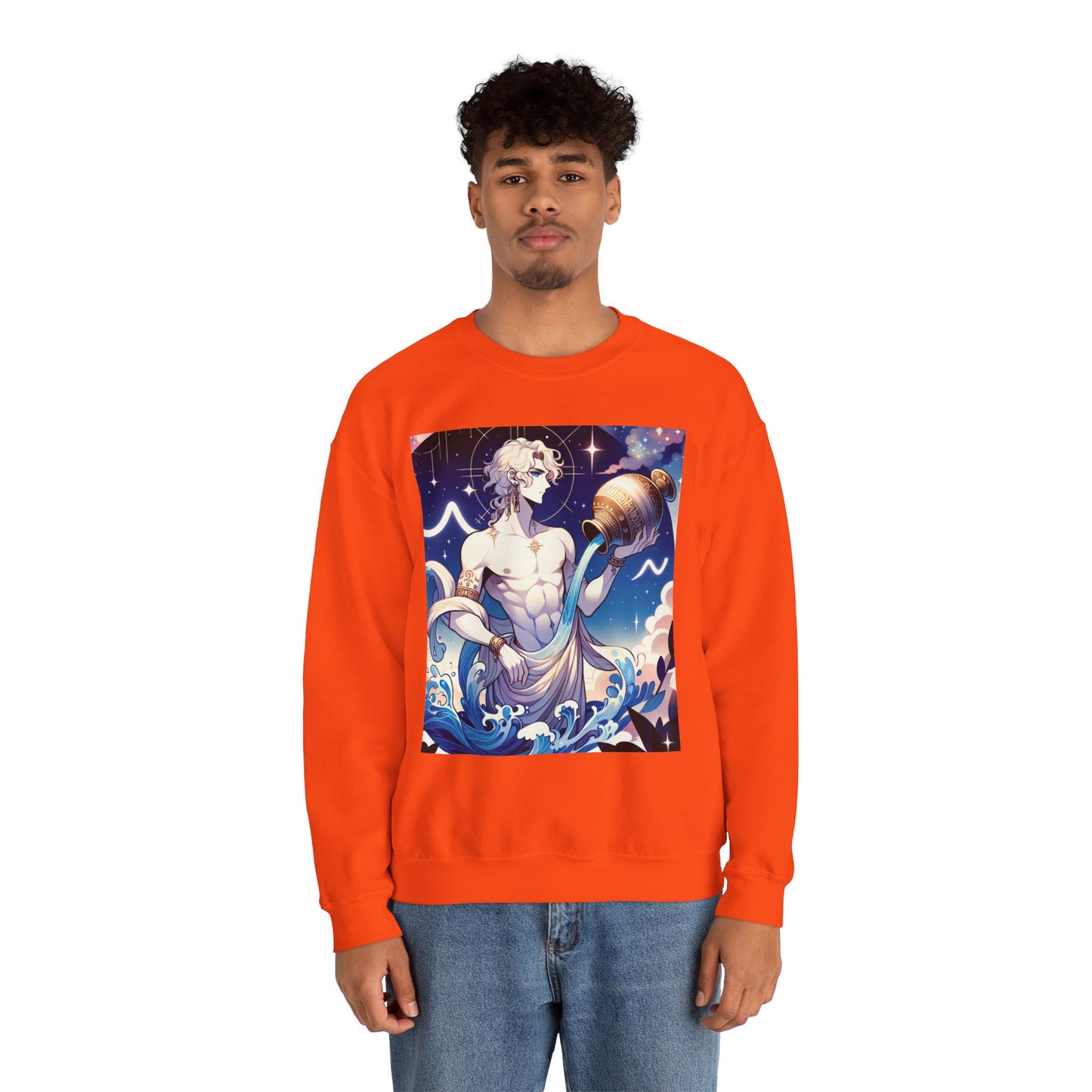Unisex Heavy Blend™ Crewneck Sweatshirt, Anime Aqua God, Aquarius Zodiac Design