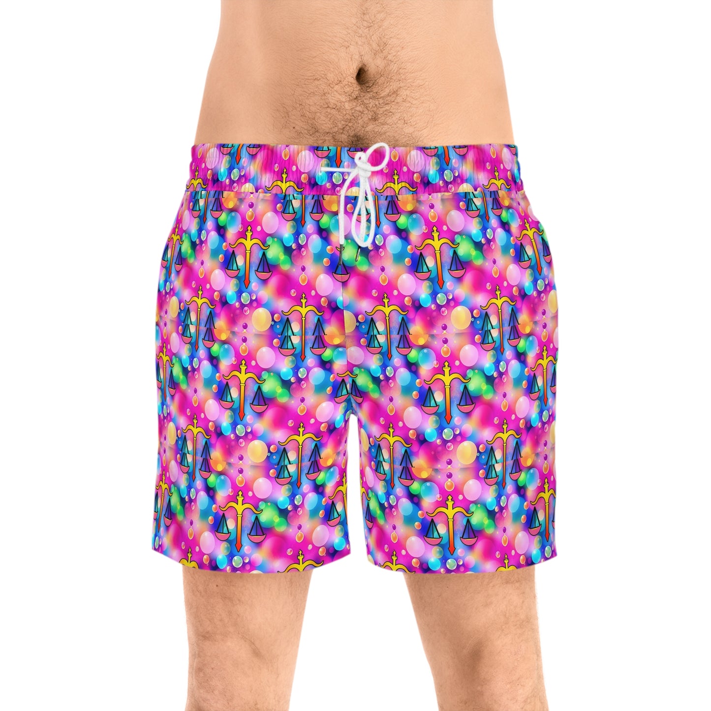 Men's Mid-Length Swim Shorts, (AOP), Libra, Zodiac v1, Bubble Pattern