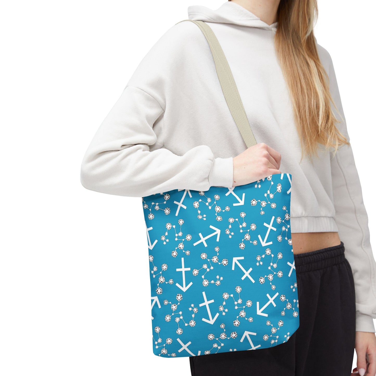 Tote Bag, Sagittarius Zodiac Sign, AOP, (Turquoise, White Print)