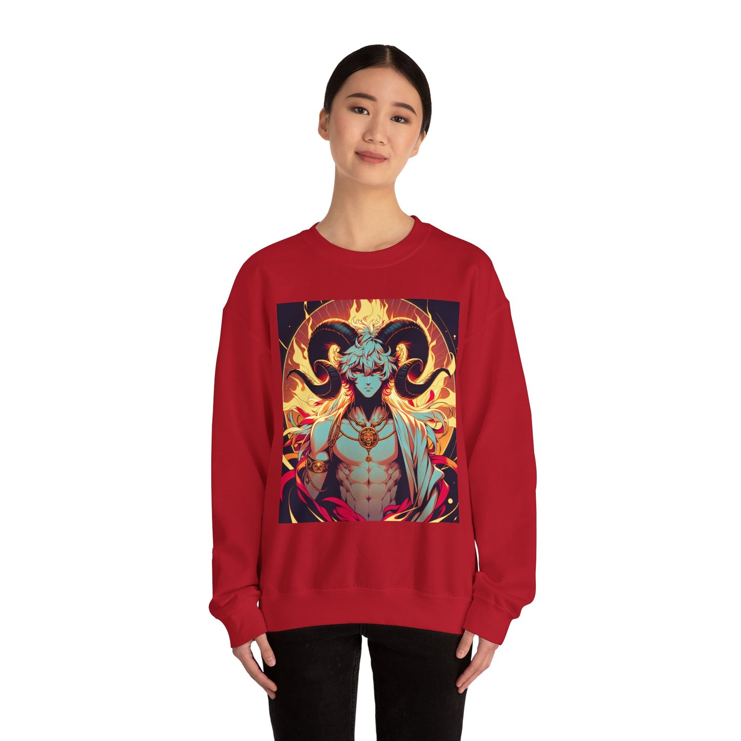 Unisex Heavy Blend™ Crewneck Sweatshirt, Anime Fire Aries, Zodiac Design