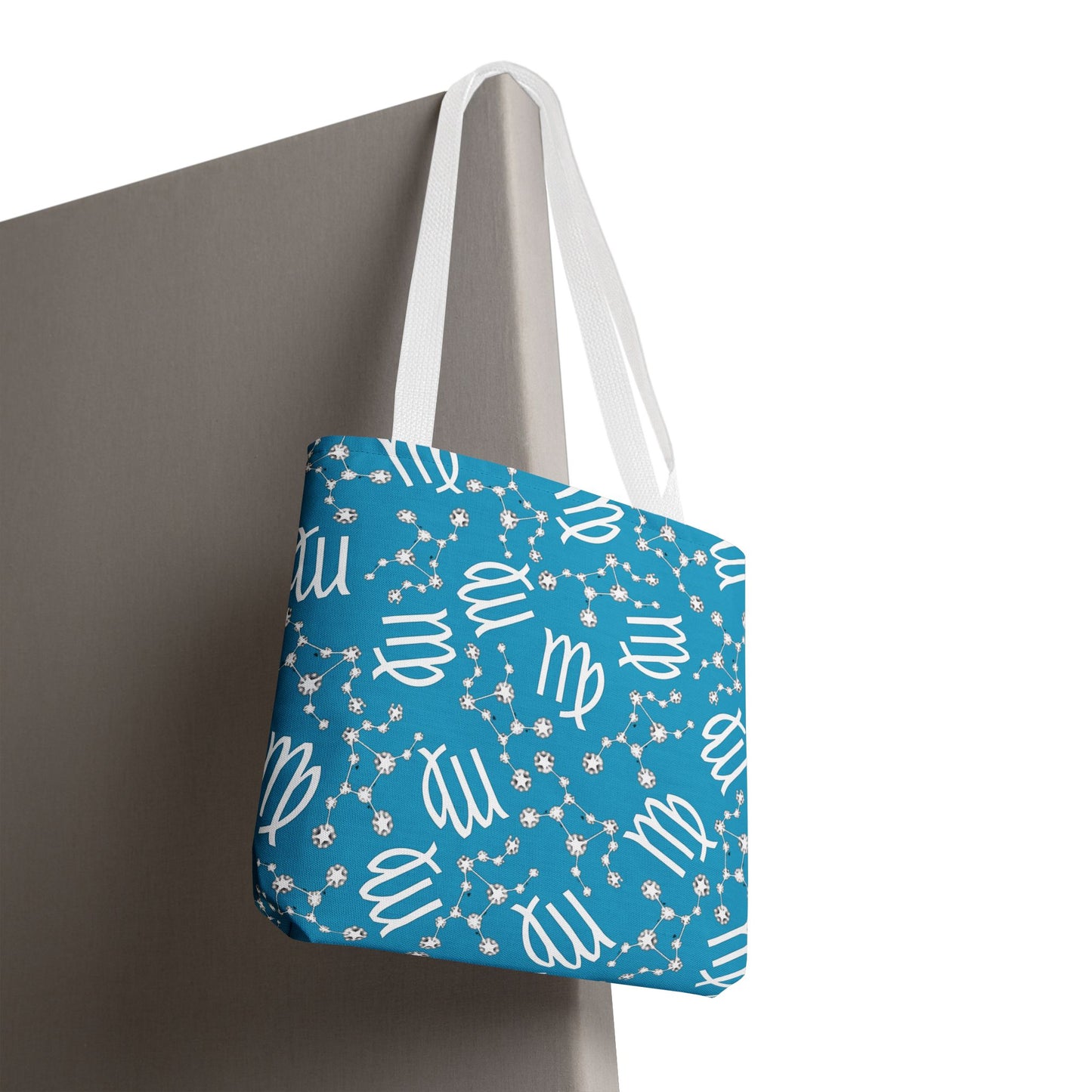 Tote Bag, Virgo Zodiac Sign, AOP, (Turquoise, White)
