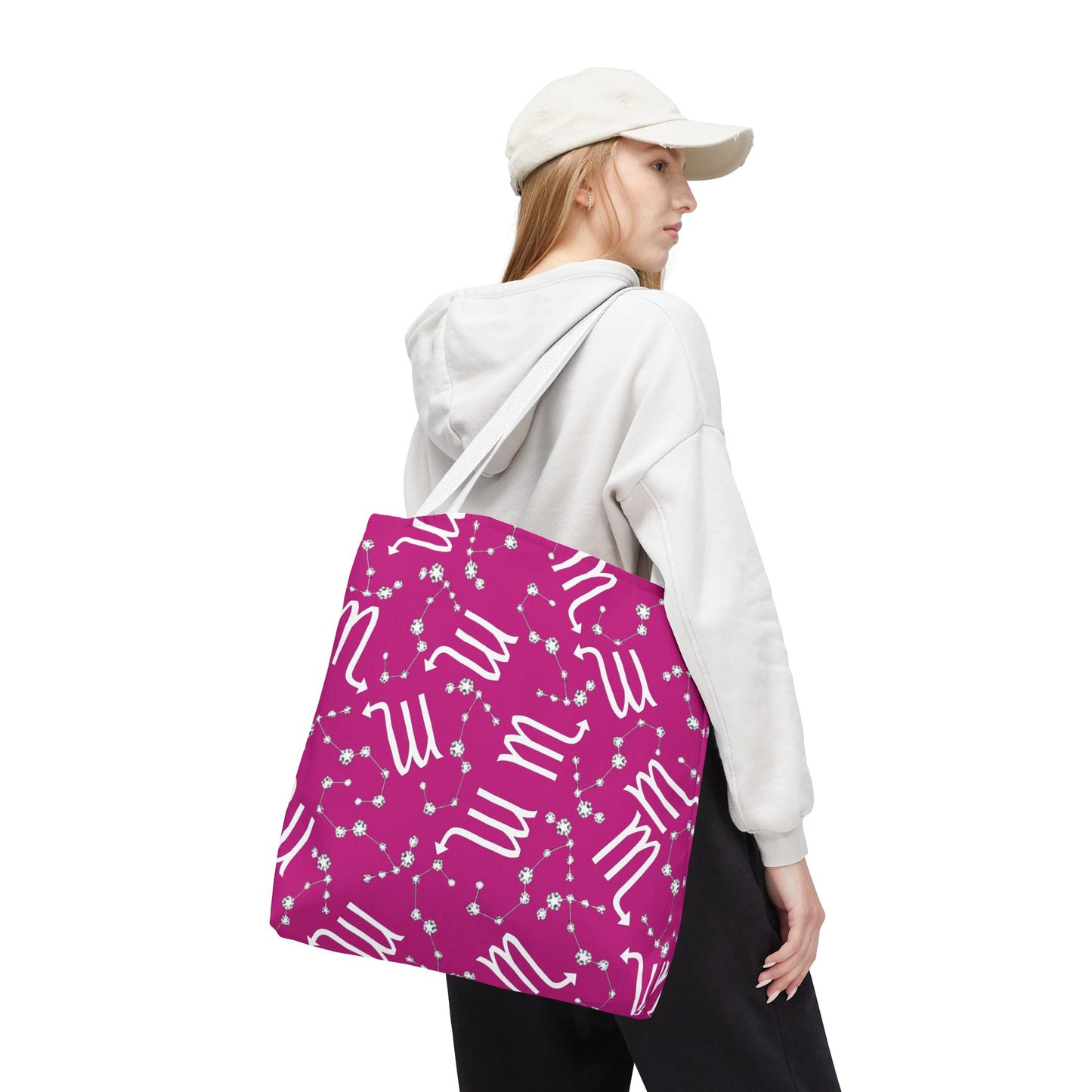 Tote Bag, Scorpio Zodiac Sign, AOP, (Pink, White)