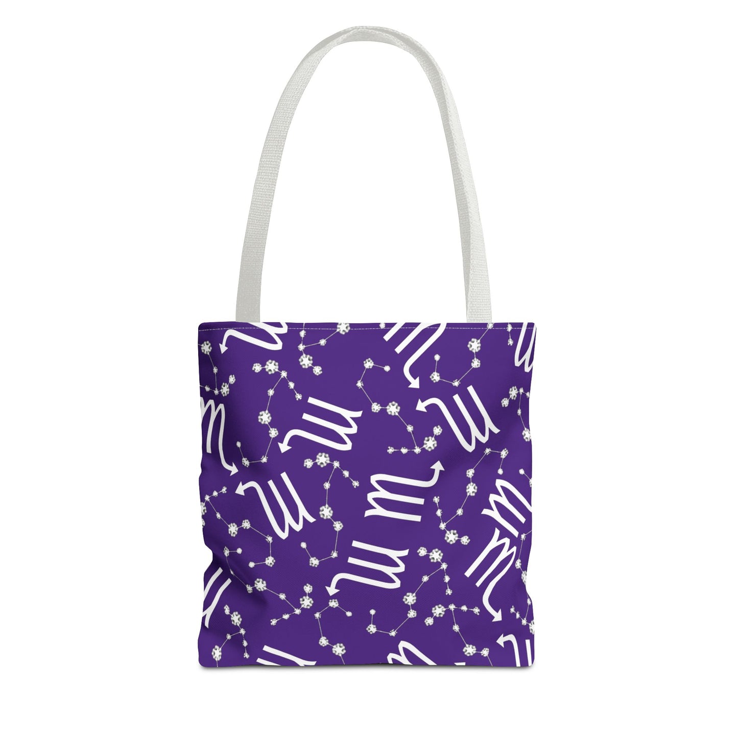 Tote Bag, Scorpio Zodiac Sign, AOP, (Purple, White)