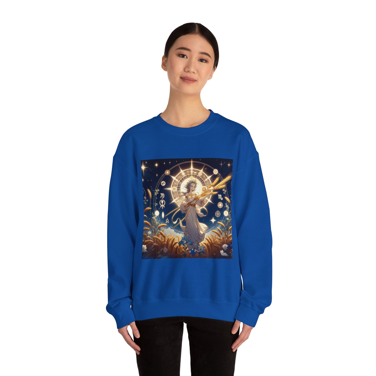 Unisex Heavy Blend™ Crewneck Sweatshirt, anime girl in wheat field, Virgo Zodiac Design