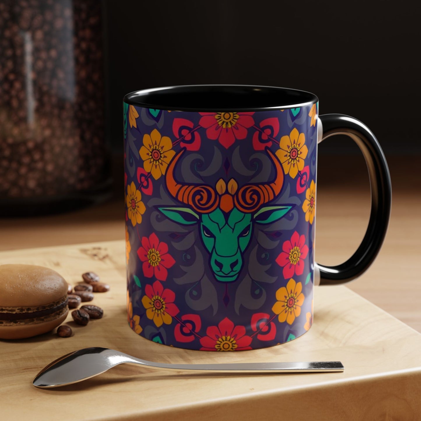 Accent Coffee Mug, Taurus, Zodiac. Flower Pattern, (11, 15oz)