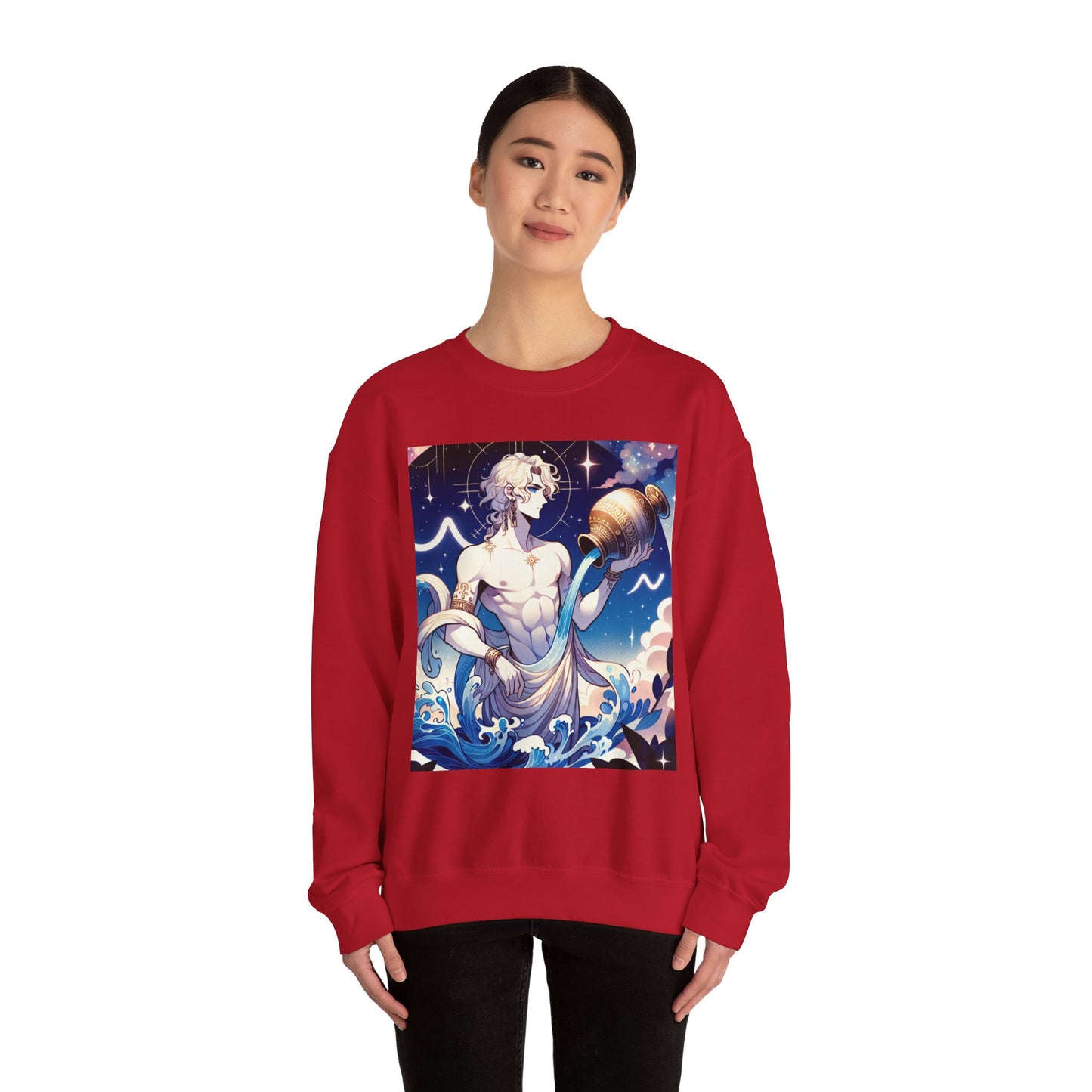 Unisex Heavy Blend™ Crewneck Sweatshirt, Anime Aqua God, Aquarius Zodiac Design