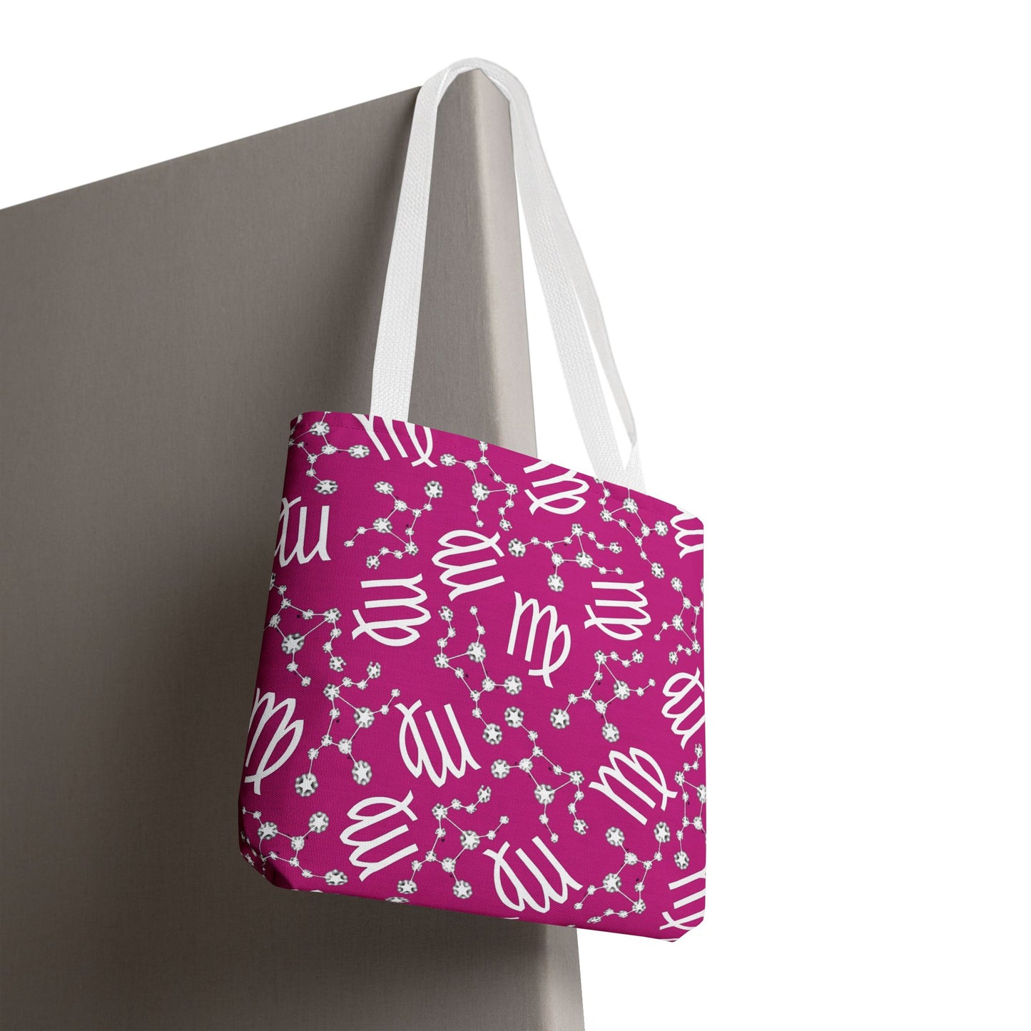 Tote Bag, Virgo Zodiac Sign, AOP, (Pink, White)