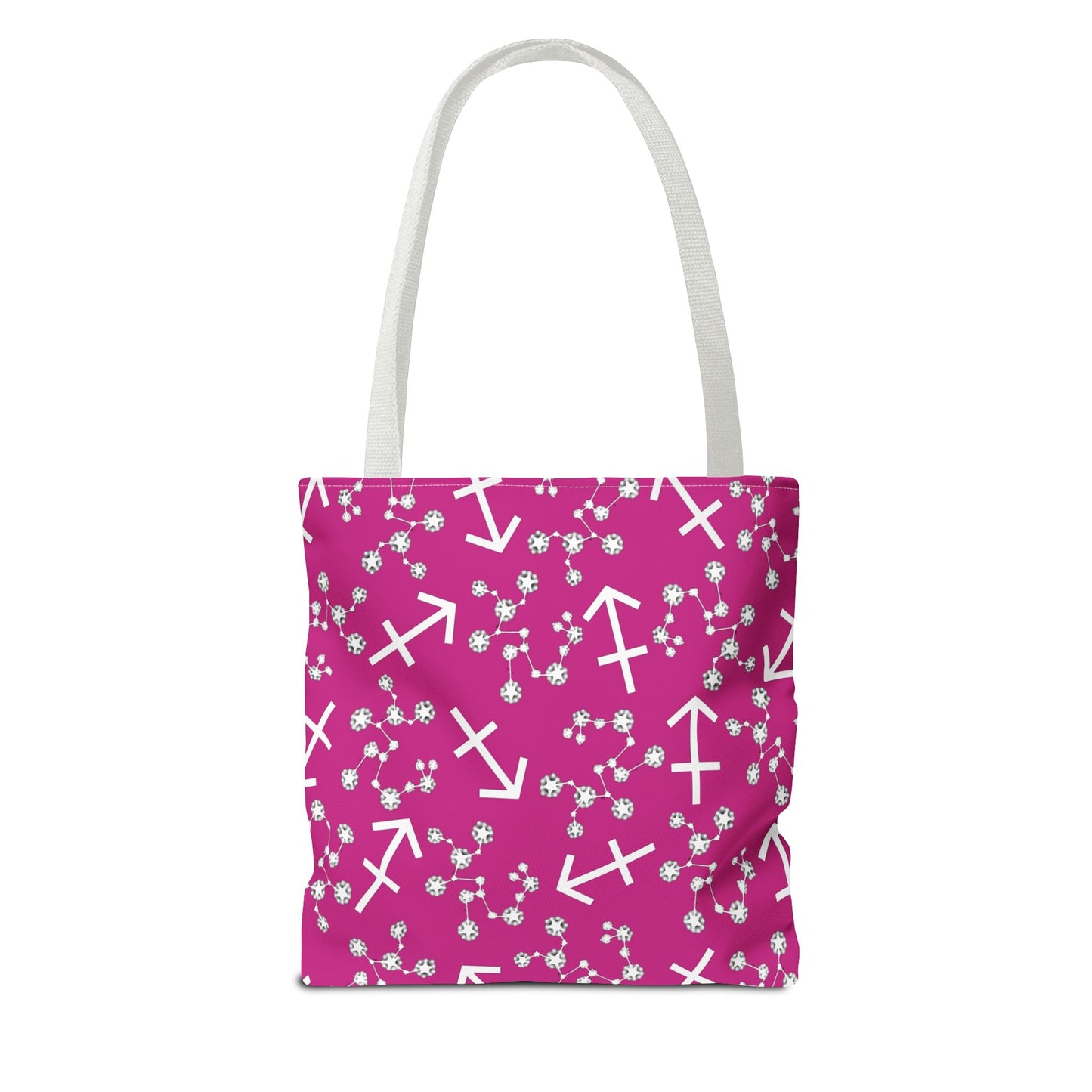 Tote Bag, Sagittarius Zodiac Sign, AOP, (Pink, White Print)