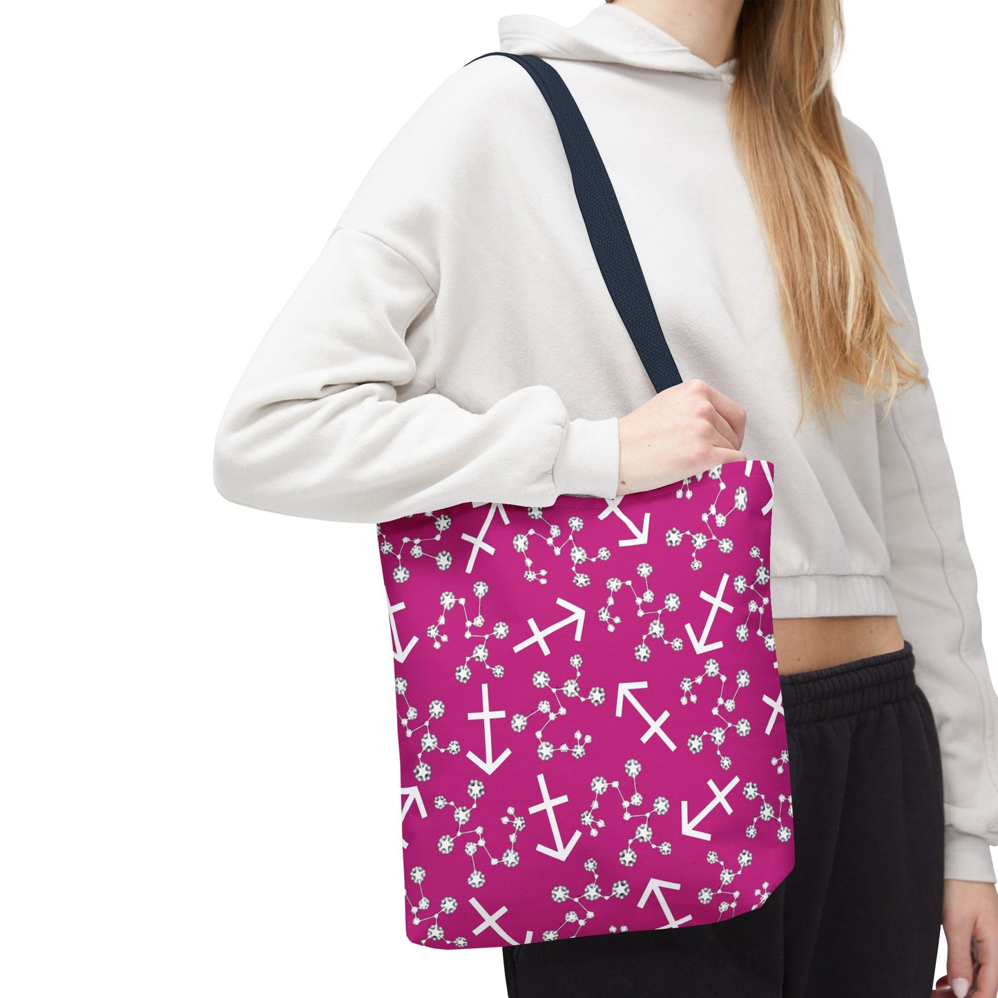 Tote Bag, Sagittarius Zodiac Sign, AOP, (Pink, White Print)
