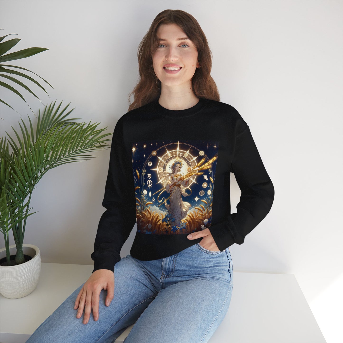 Unisex Heavy Blend™ Crewneck Sweatshirt, anime girl in wheat field, Virgo Zodiac Design