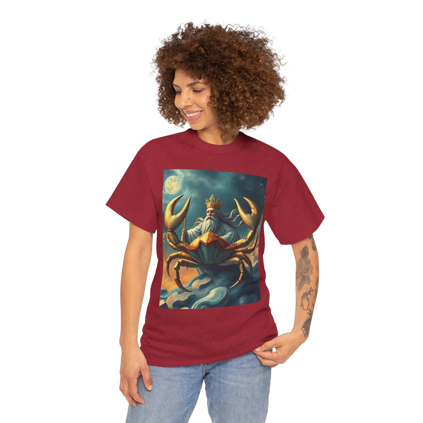 Unisex Heavy Cotton T-Shirt, Crustacean King, Cancer Zodiac Design
