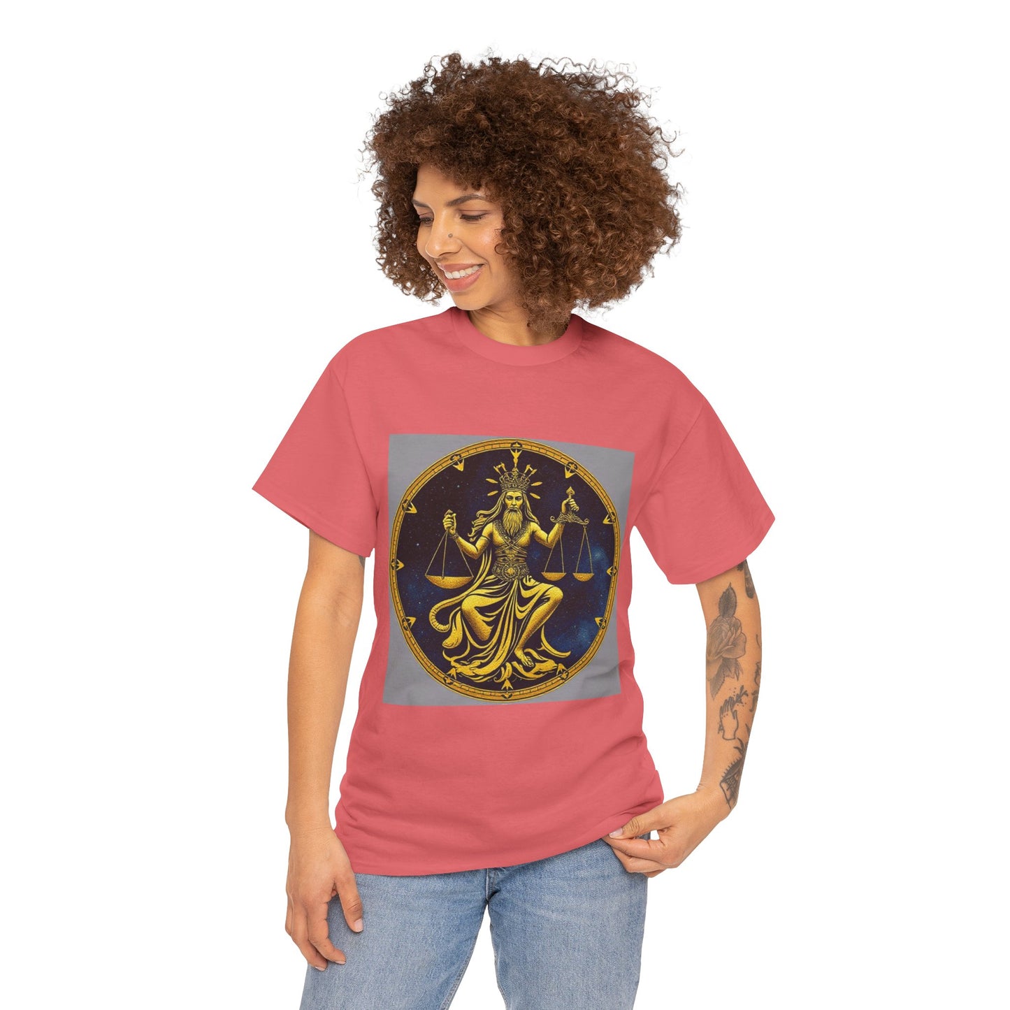 Unisex Heavy Cotton T-Shirt, Gold v1, Libra God, Zodiac Design
