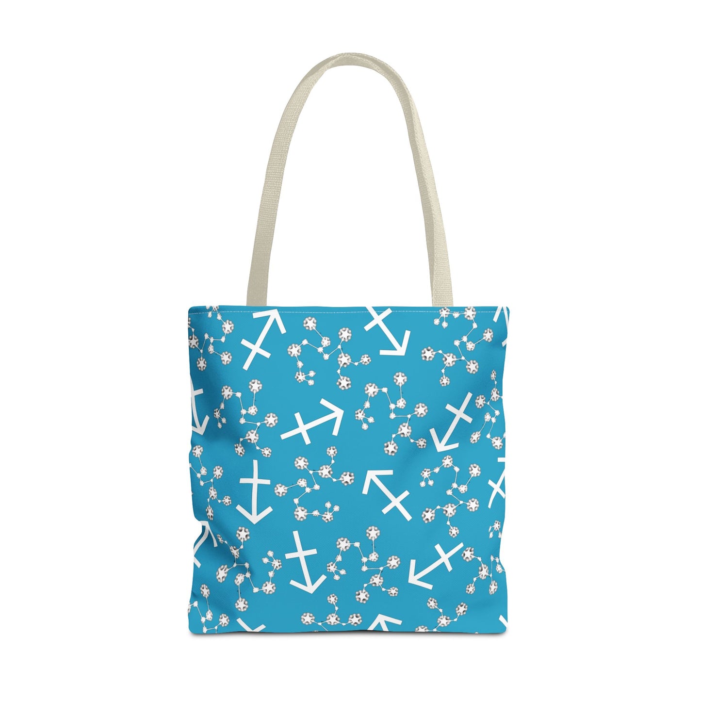Tote Bag, Sagittarius Zodiac Sign, AOP, (Turquoise, White Print)