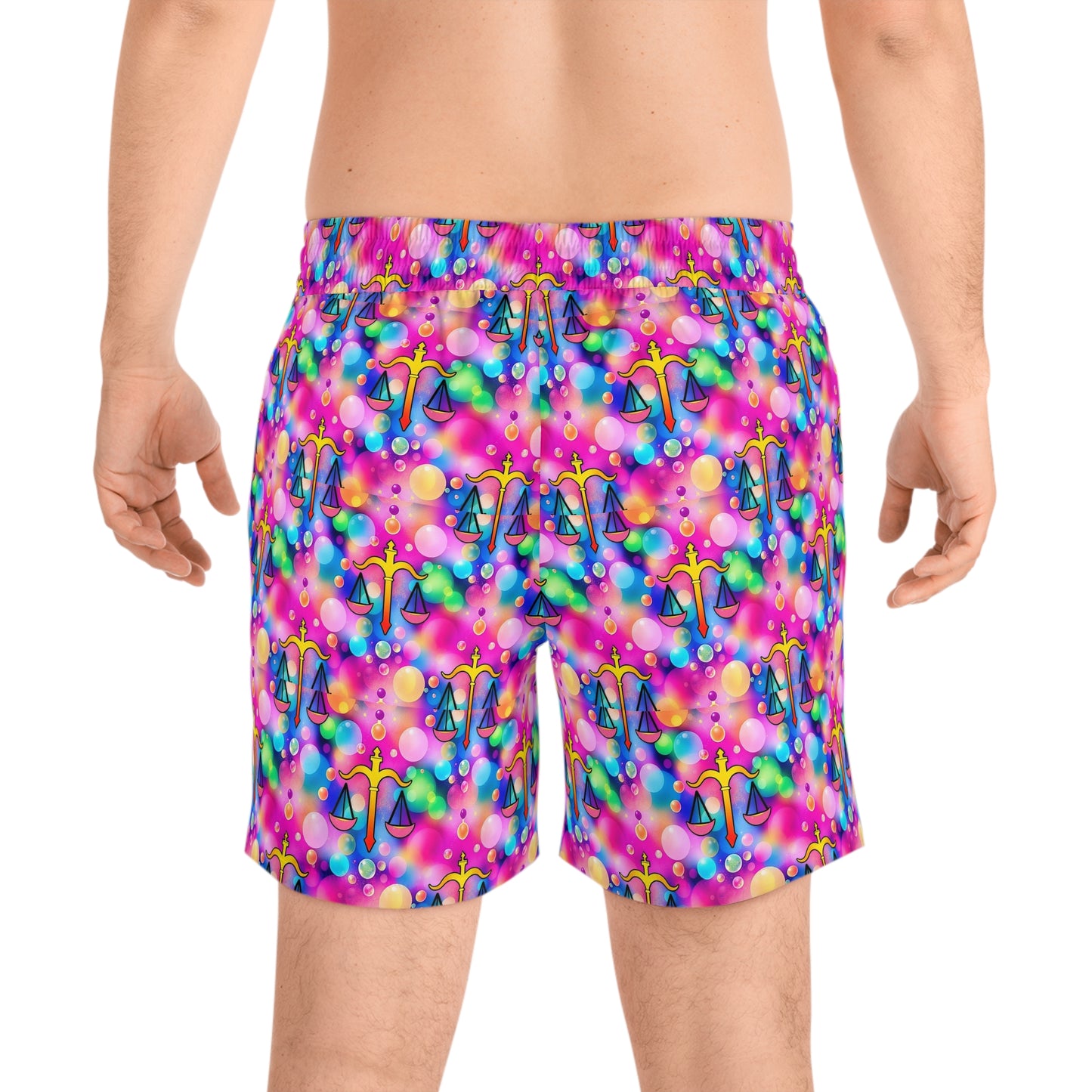 Men's Mid-Length Swim Shorts, (AOP), Libra, Zodiac v1, Bubble Pattern