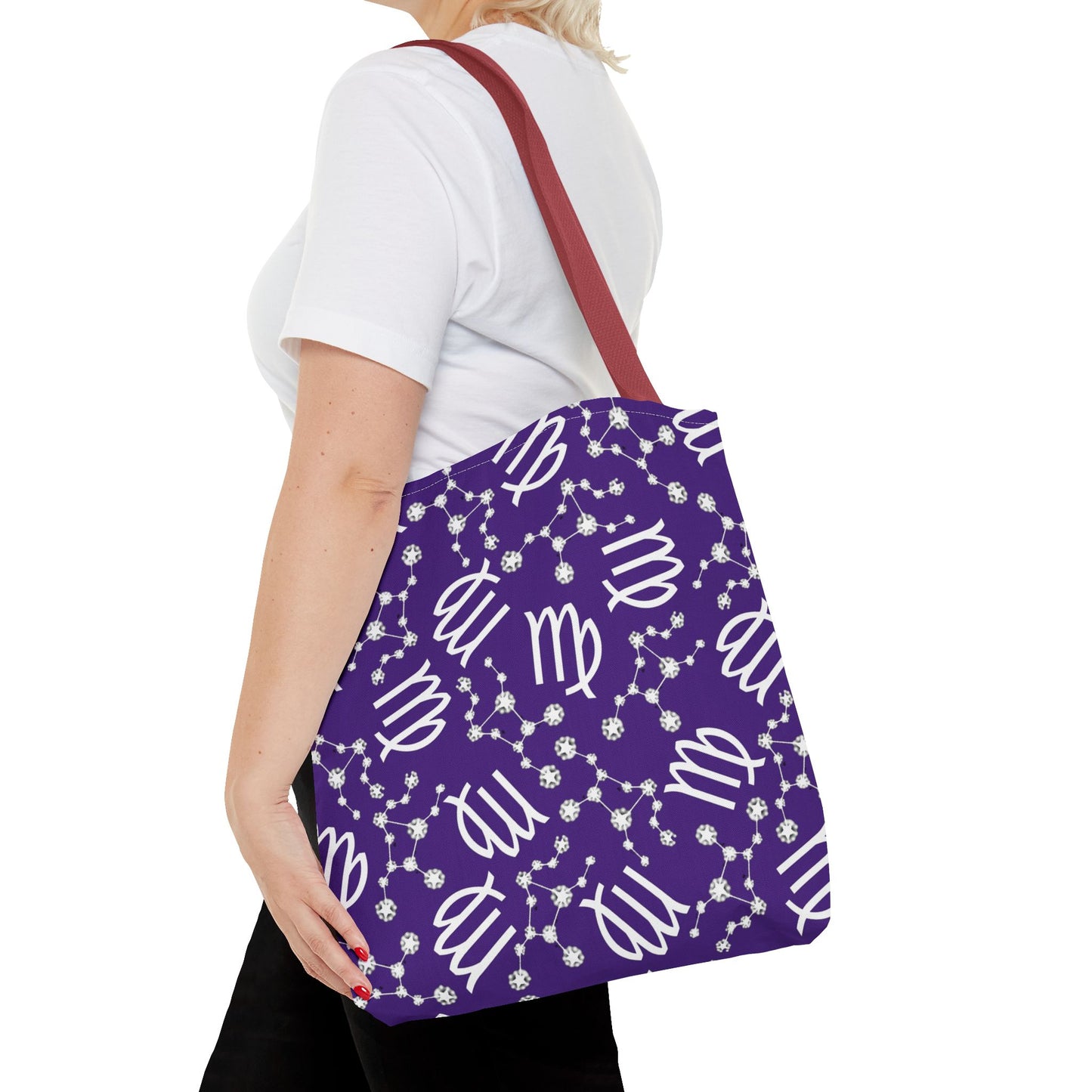 Tote Bag, Virgo Zodiac Sign, AOP, (Purple, White)