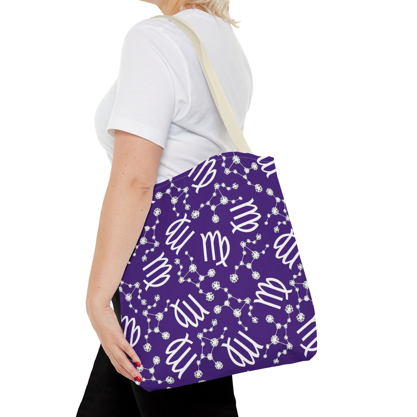 Tote Bag, Virgo Zodiac Sign, AOP, (Purple, White)