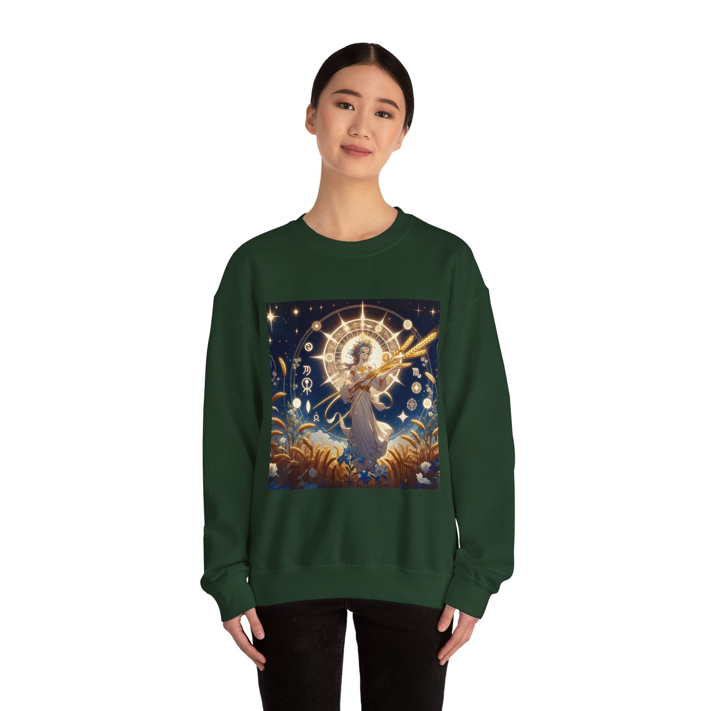 Unisex Heavy Blend™ Crewneck Sweatshirt, anime girl in wheat field, Virgo Zodiac Design