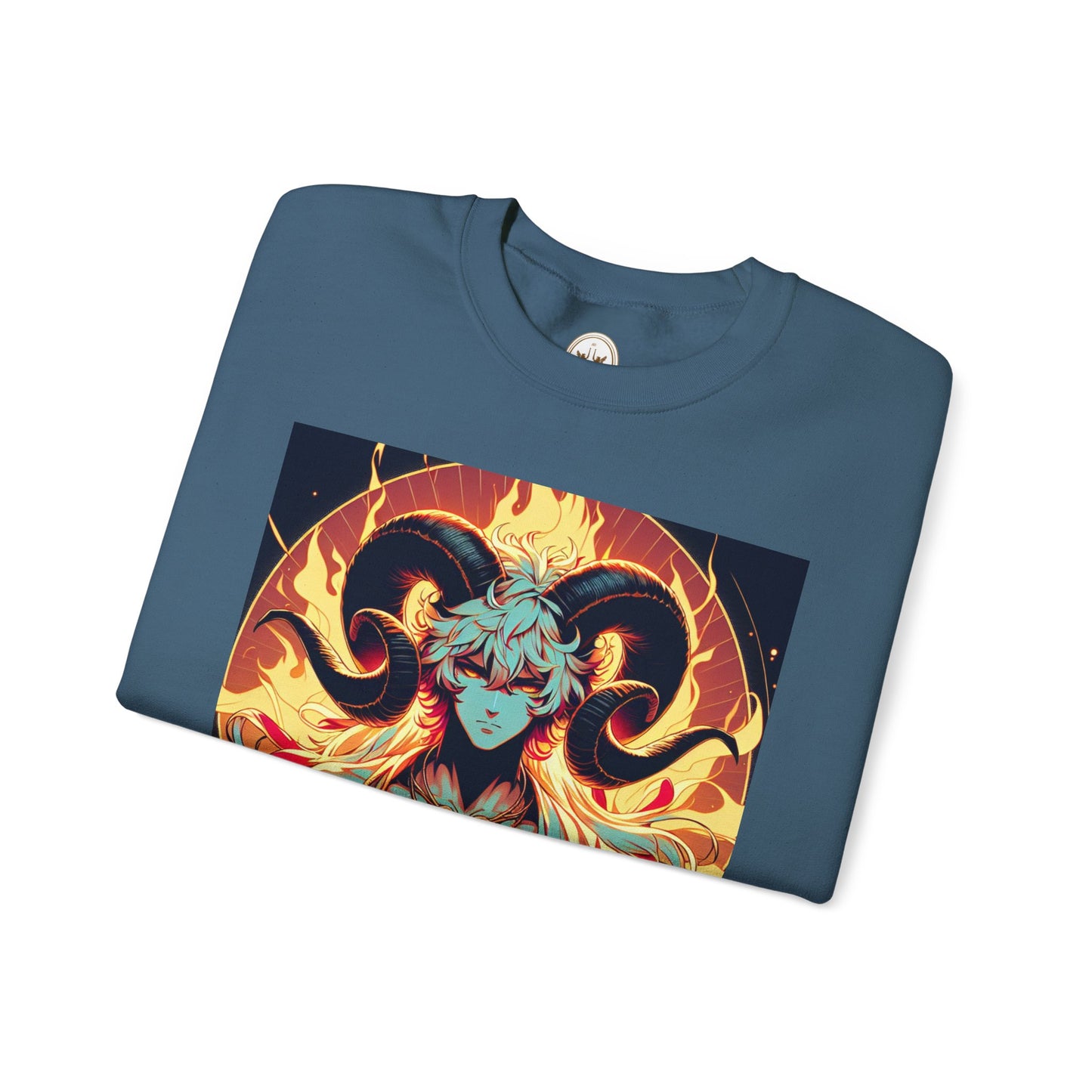 Unisex Heavy Blend™ Crewneck Sweatshirt, Anime Fire Aries, Zodiac Design